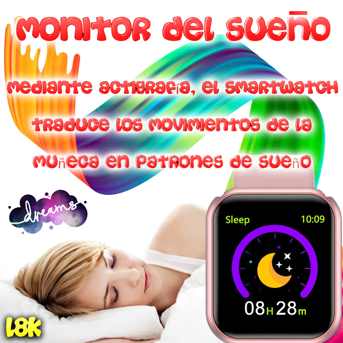 Un anuncio muestra a una mujer durmiendo con un smartwatch, con texto sobre el monitoreo del sueño.