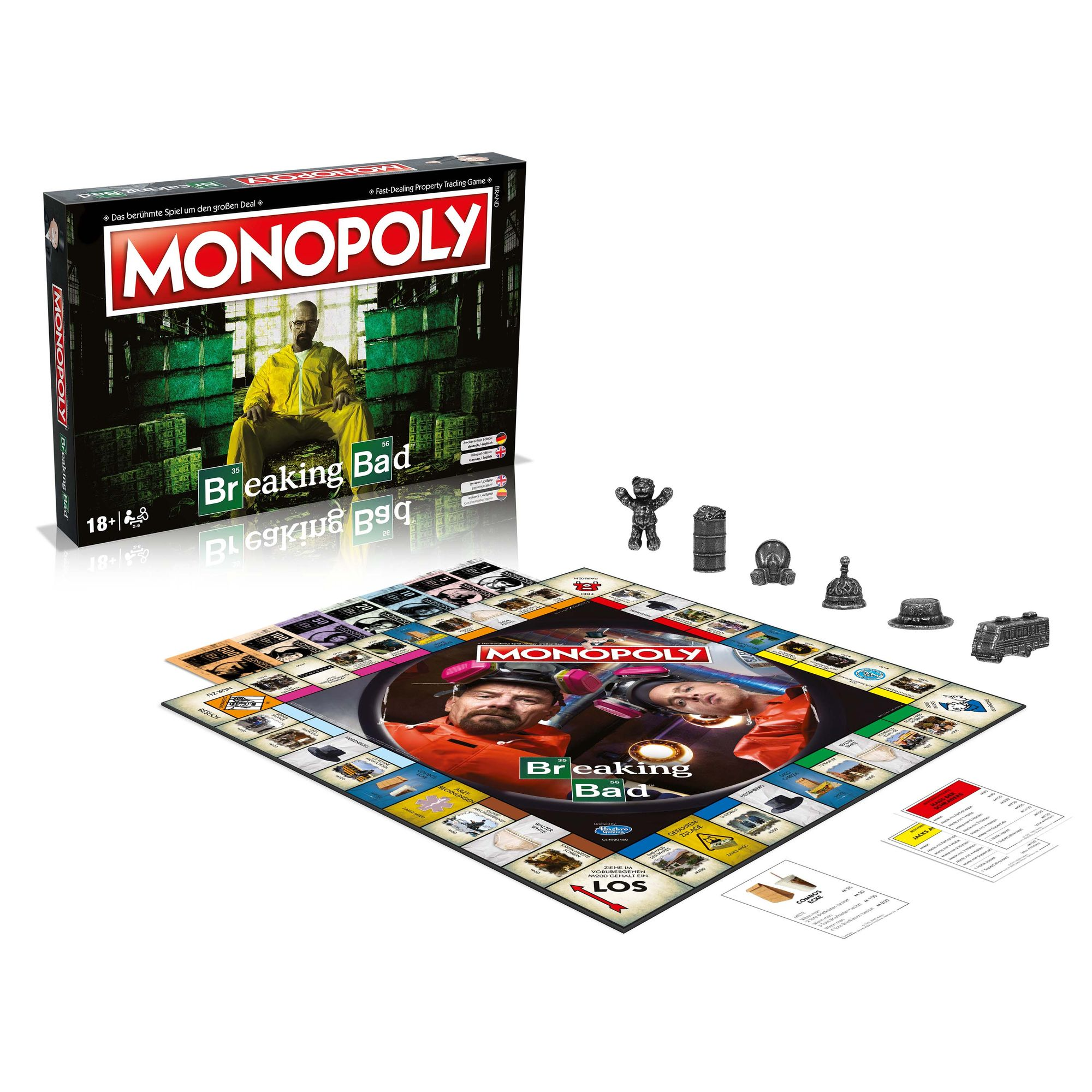 Monopoly Breaking Bad Spielbox und Spielbrett mit Spielfiguren, die Charaktere und Schauplatz zeigen.