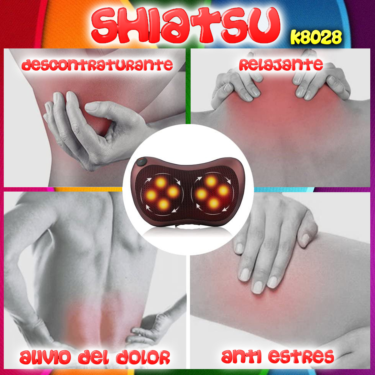Almohada de masaje Shiatsu con imágenes que muestran sus efectos: alivio del dolor, relajación y reducción del estrés.