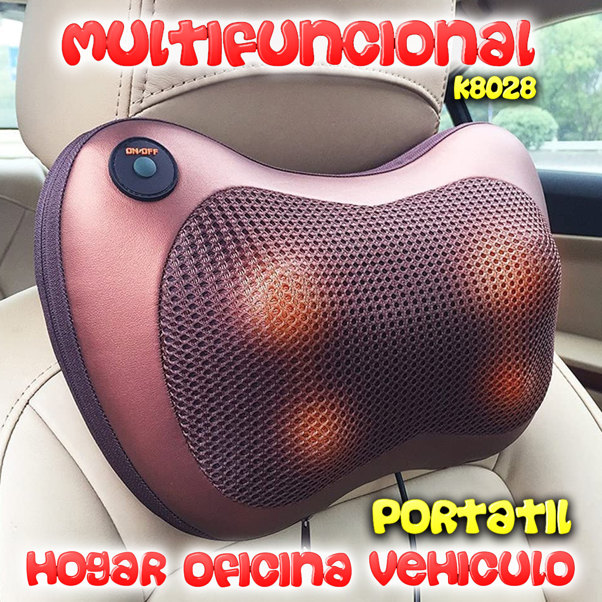 Una almohada de masaje. Rojo, negro y rosa. Está etiquetada como portátil y multifuncional.