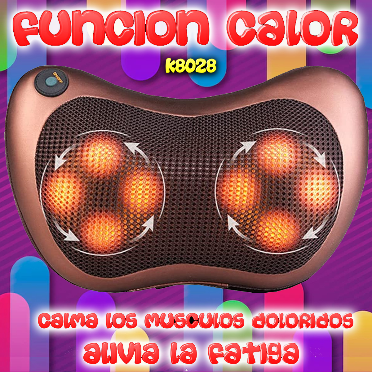 Almohada de masaje con función de calor, luces naranjas y flechas sobre un fondo colorido.