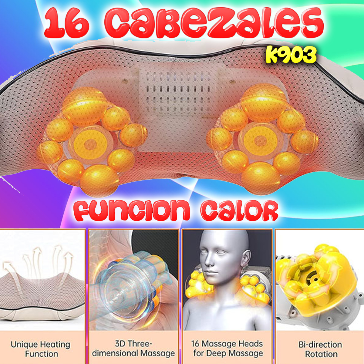 Masajeador de cuello con función de calor, cabezales de masaje y rotación bidireccional, mostrado con diagramas.