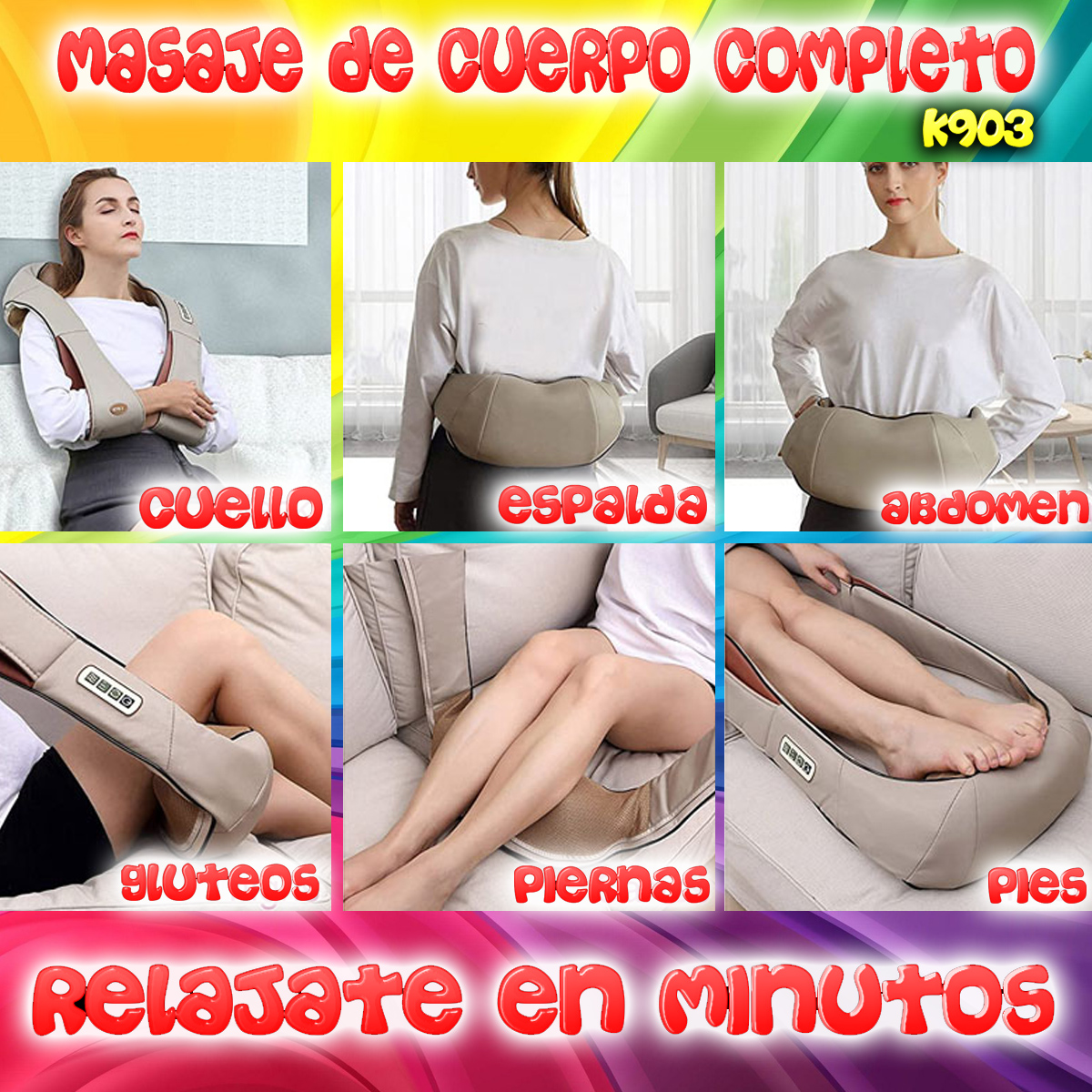Un dispositivo de masaje que se usa en diferentes partes del cuerpo: cuello, espalda, abdomen, glúteos, piernas y pies.