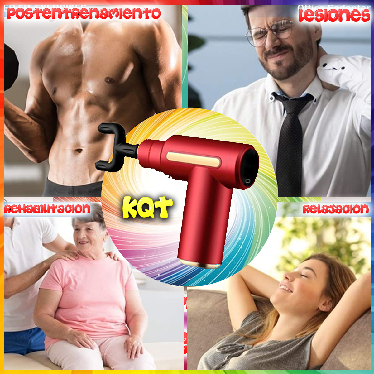 Una pistola de masaje roja con personas en diferentes situaciones, como post-entrenamiento.