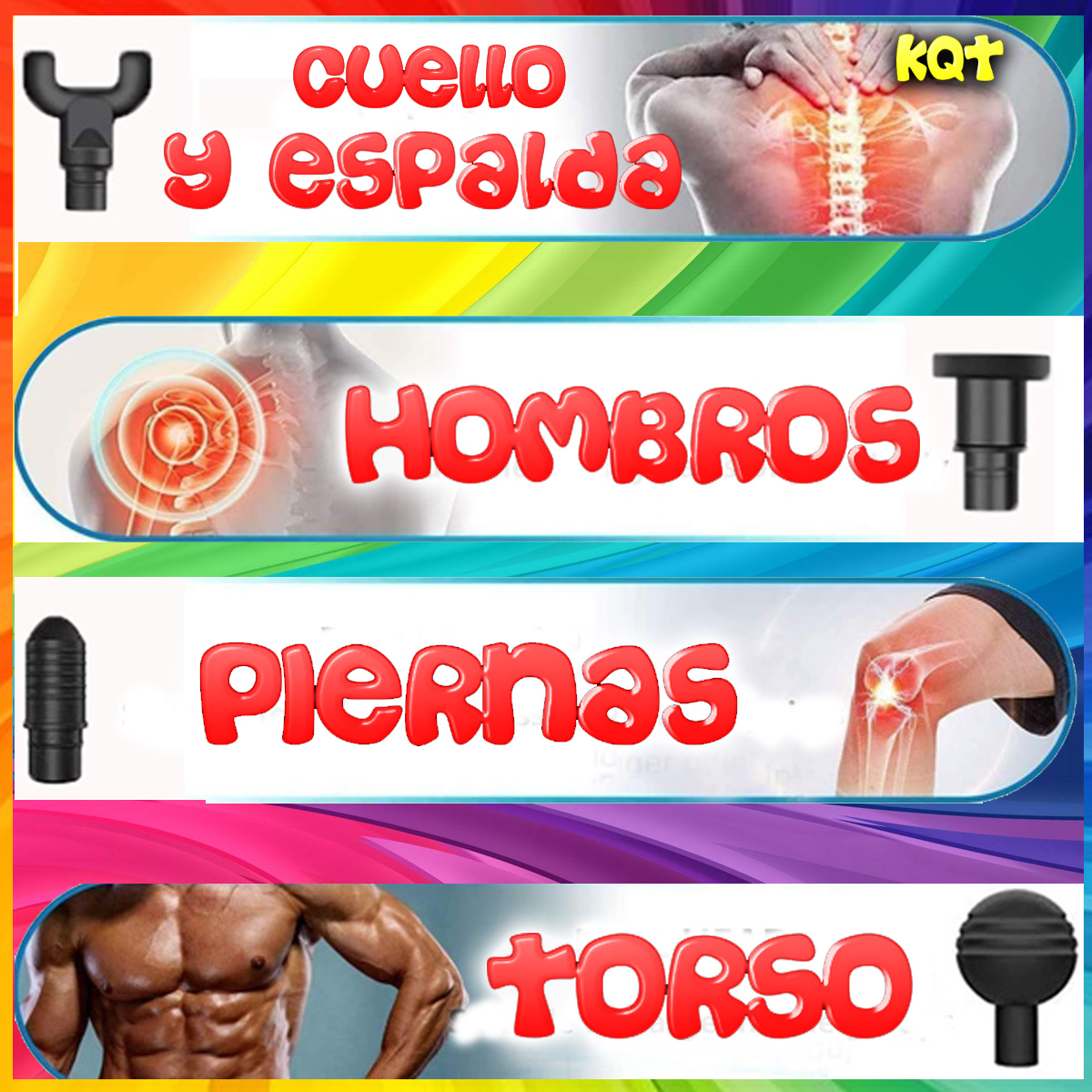 Gráfico colorido mostrando áreas del cuerpo con etiquetas de texto: cuello y espalda, hombros, piernas y torso.