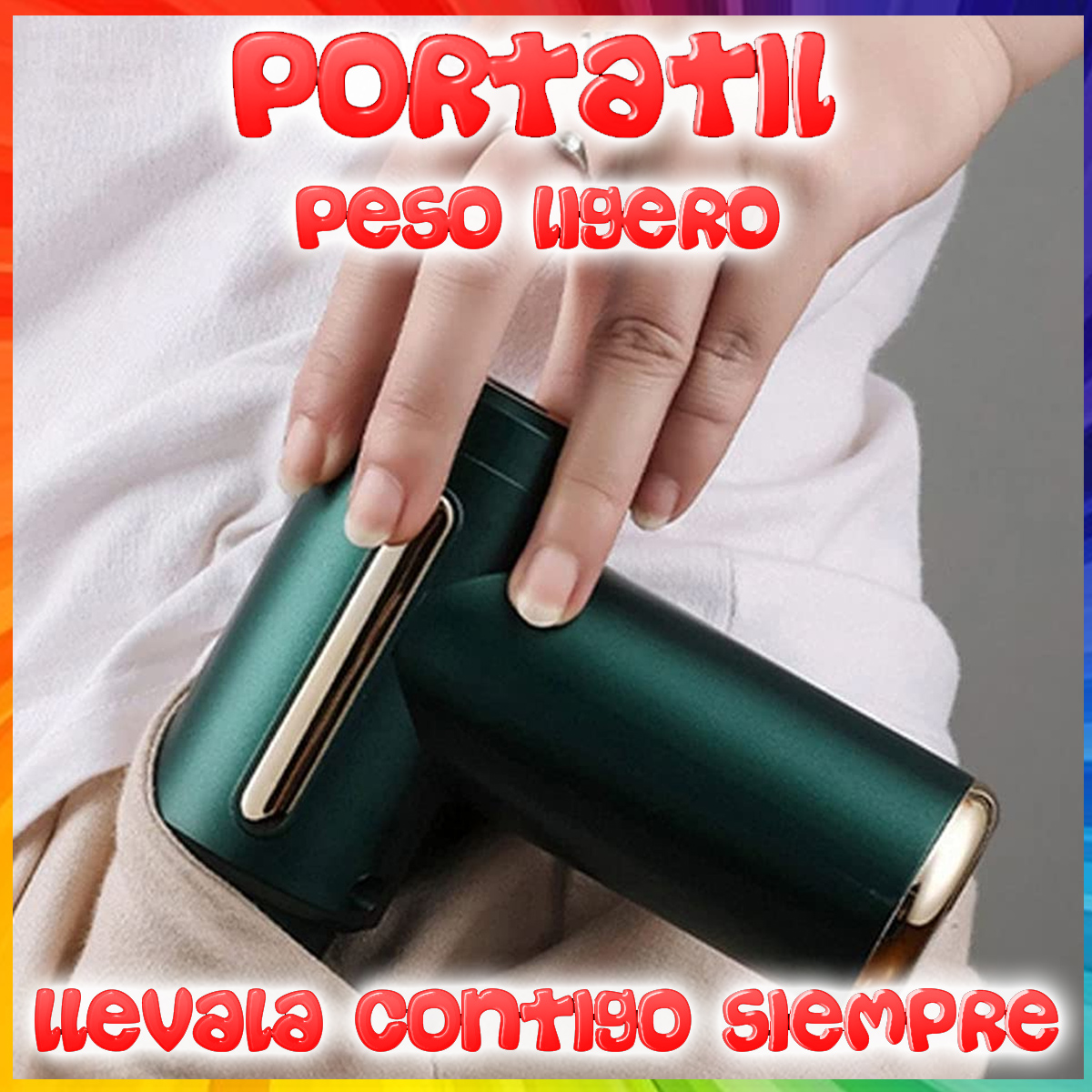Una mano sosteniendo un pequeño dispositivo verde y dorado con texto: Portátil, Ligero.