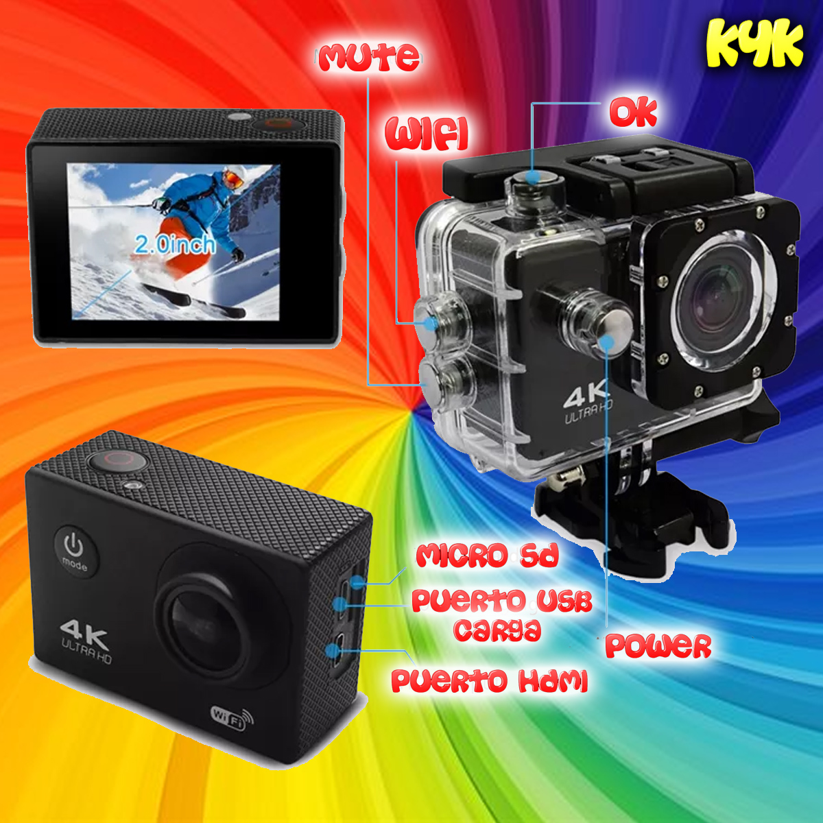 Cámara de acción con botones, pantalla con esquiador. Etiquetas: Mute, WiFi, Ok, 4K Ultra HD, Power.