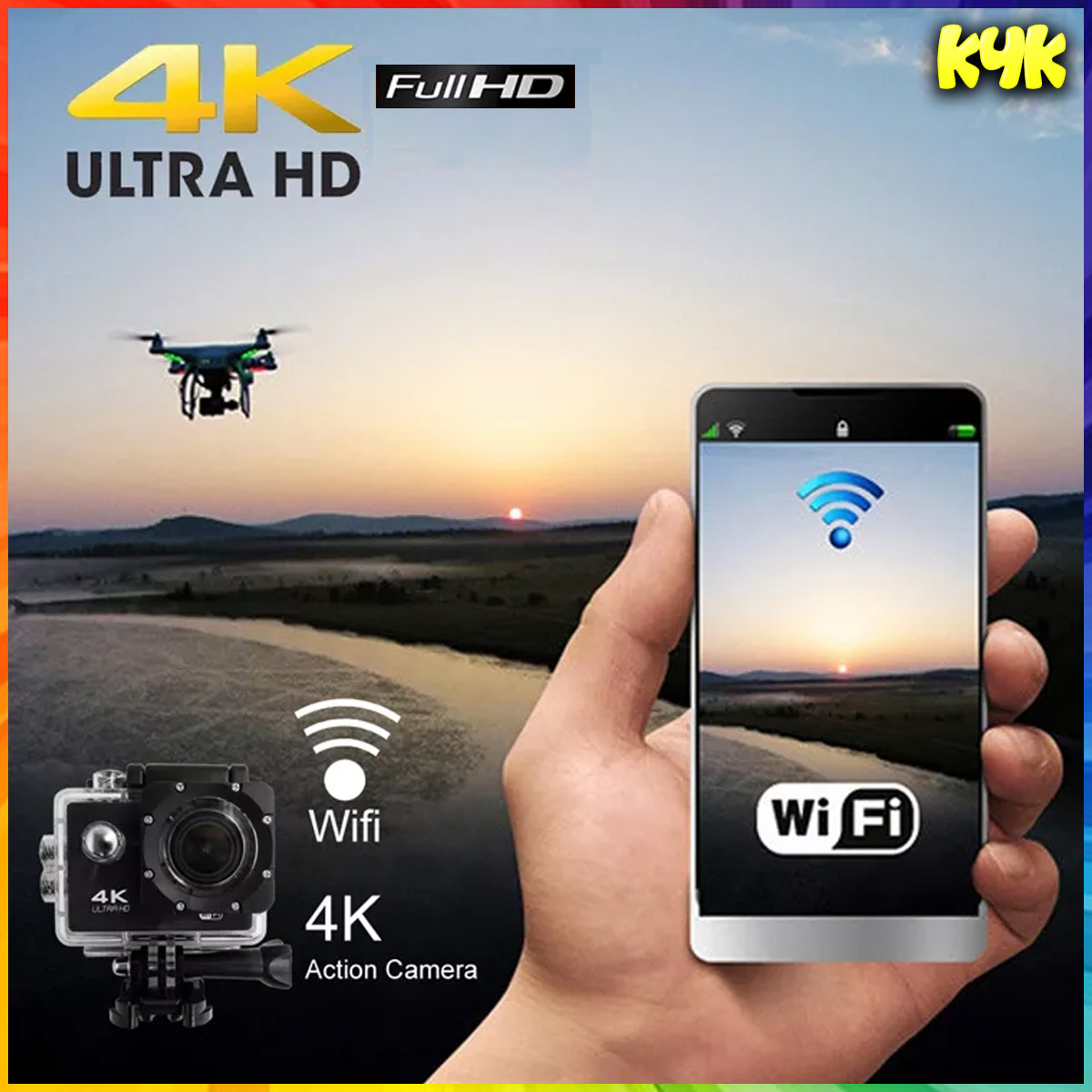 Un dron, un smartphone y una cámara, con etiquetas WiFi y 4K Ultra HD.