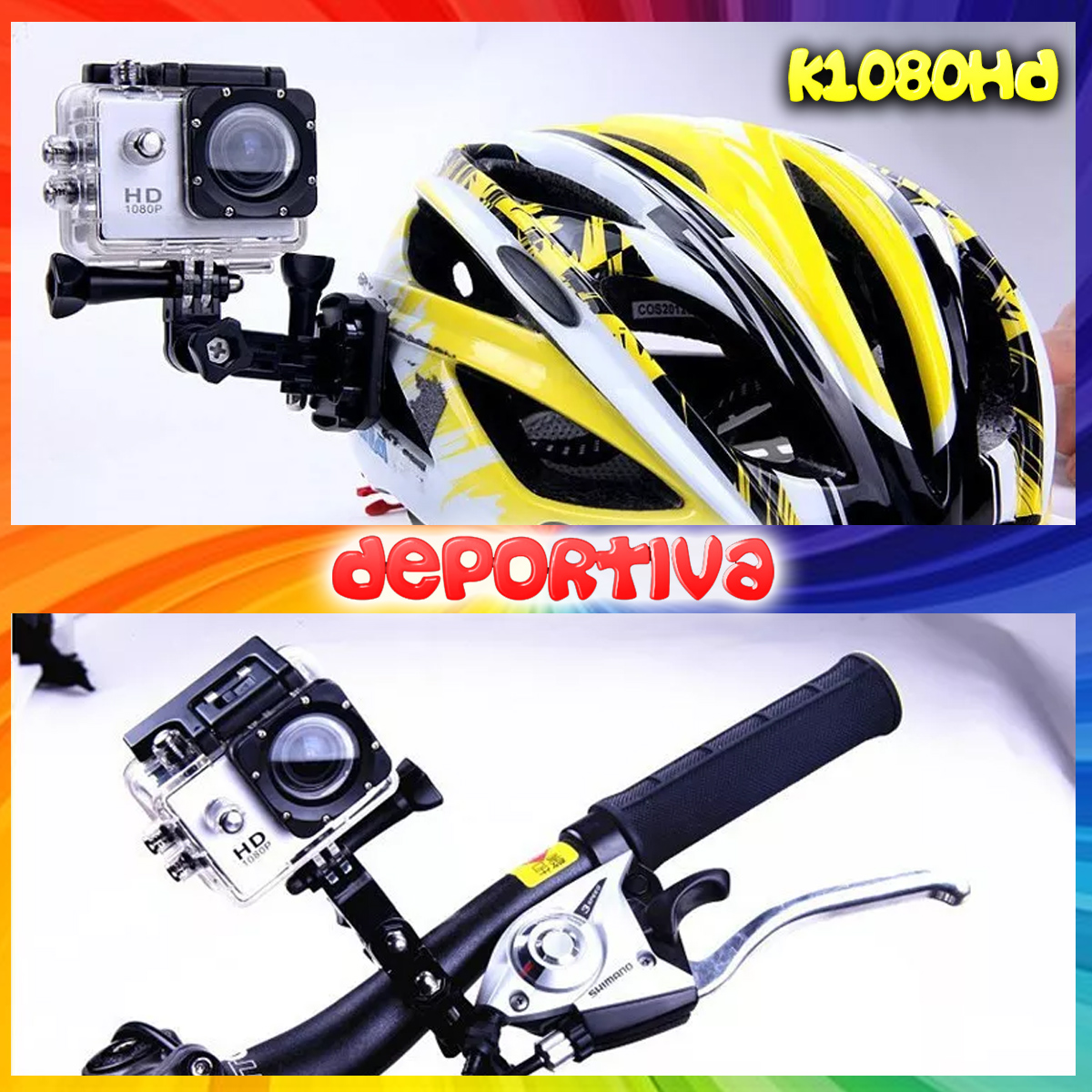 Dos cámaras de acción, una montada en un casco y otra en el manillar de una bicicleta, con texto.