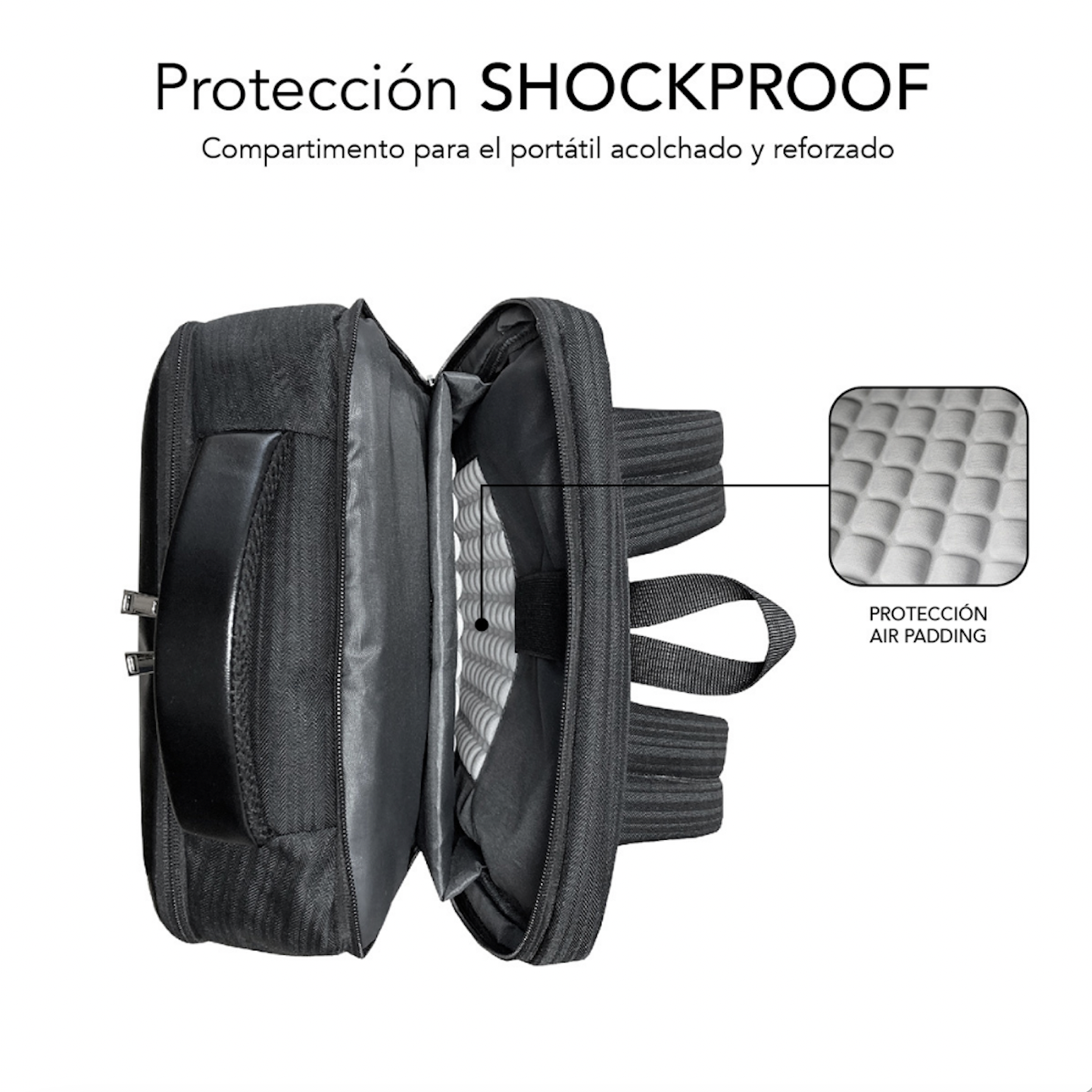 Bolso negro para portátil abierto, mostrando acolchado interno y asa. Texto: Antigolpes.