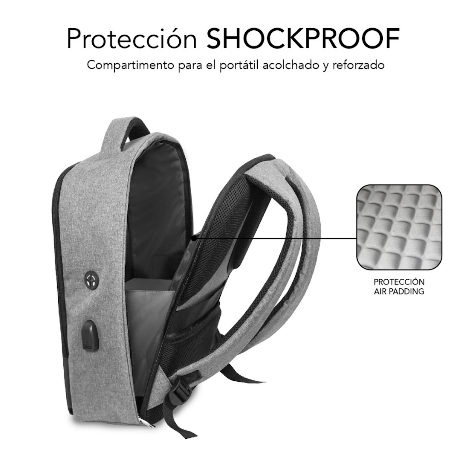Mochila gris con compartimento abierto que revela acolchado. Texto dice "SHOCKPROOF" y "AIR PADDING".
