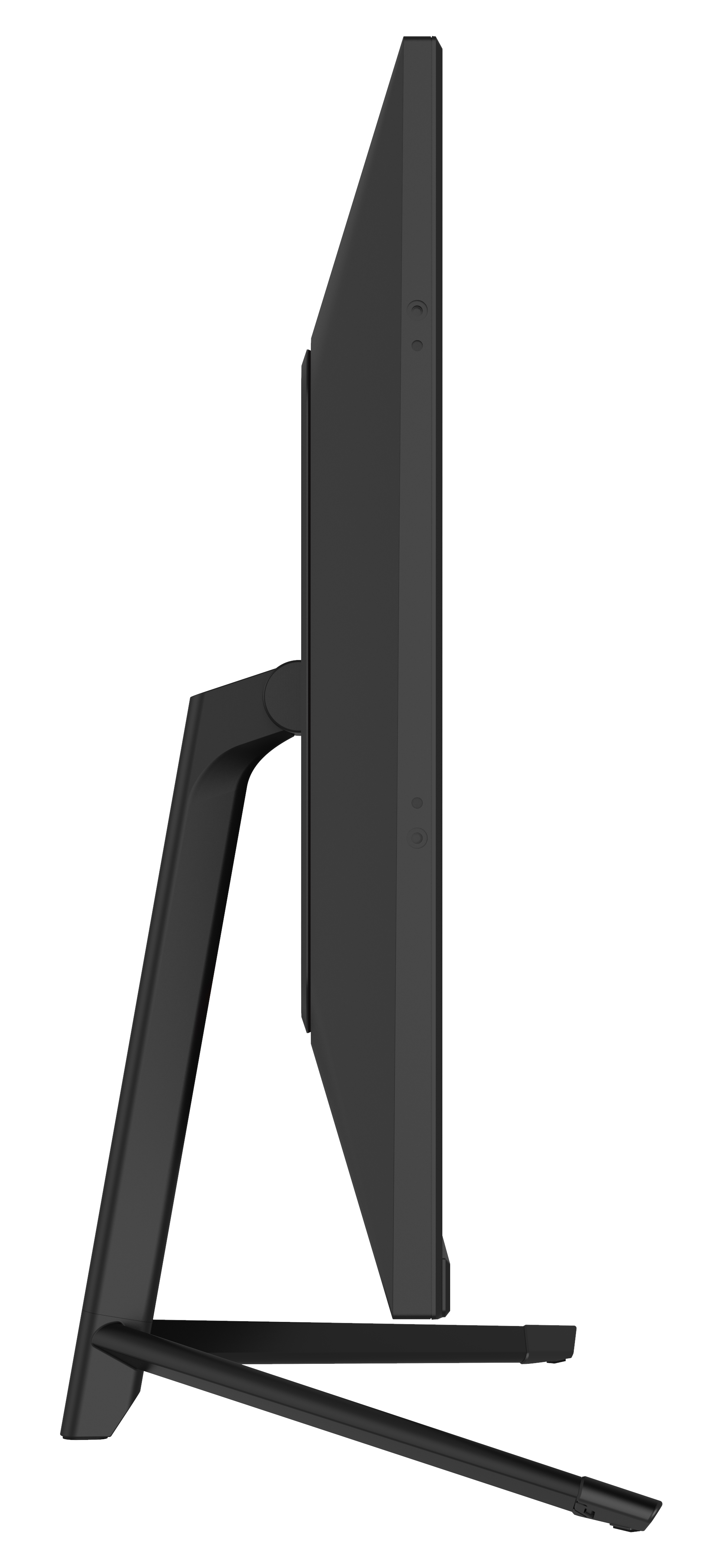 Seitenansicht eines schwarzen Computermonitors mit minimalistischem Ständer.
