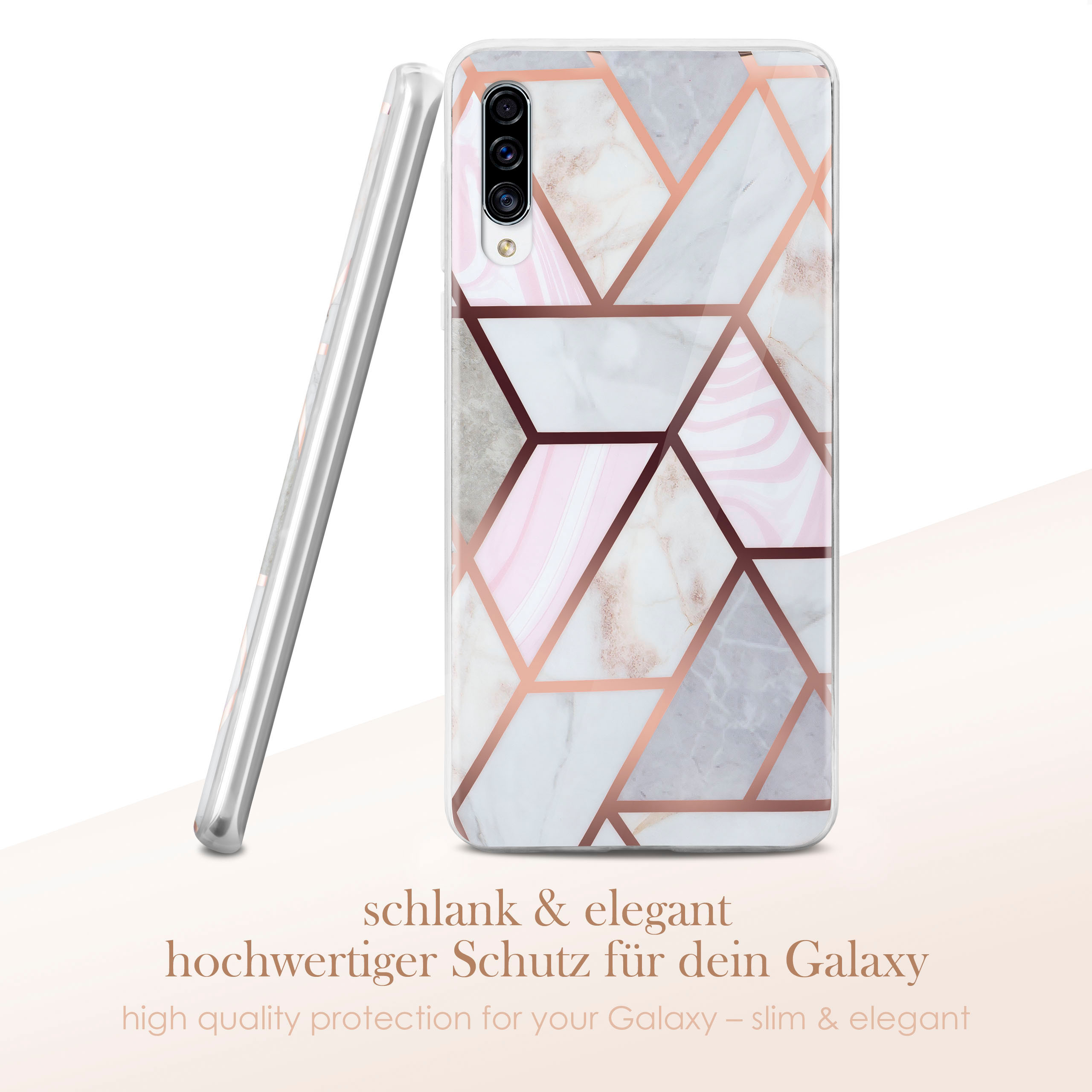 Handyhülle mit geometrischem Muster. Text: hochwertiger Schutz für Ihr Galaxy – schlank & elegant.