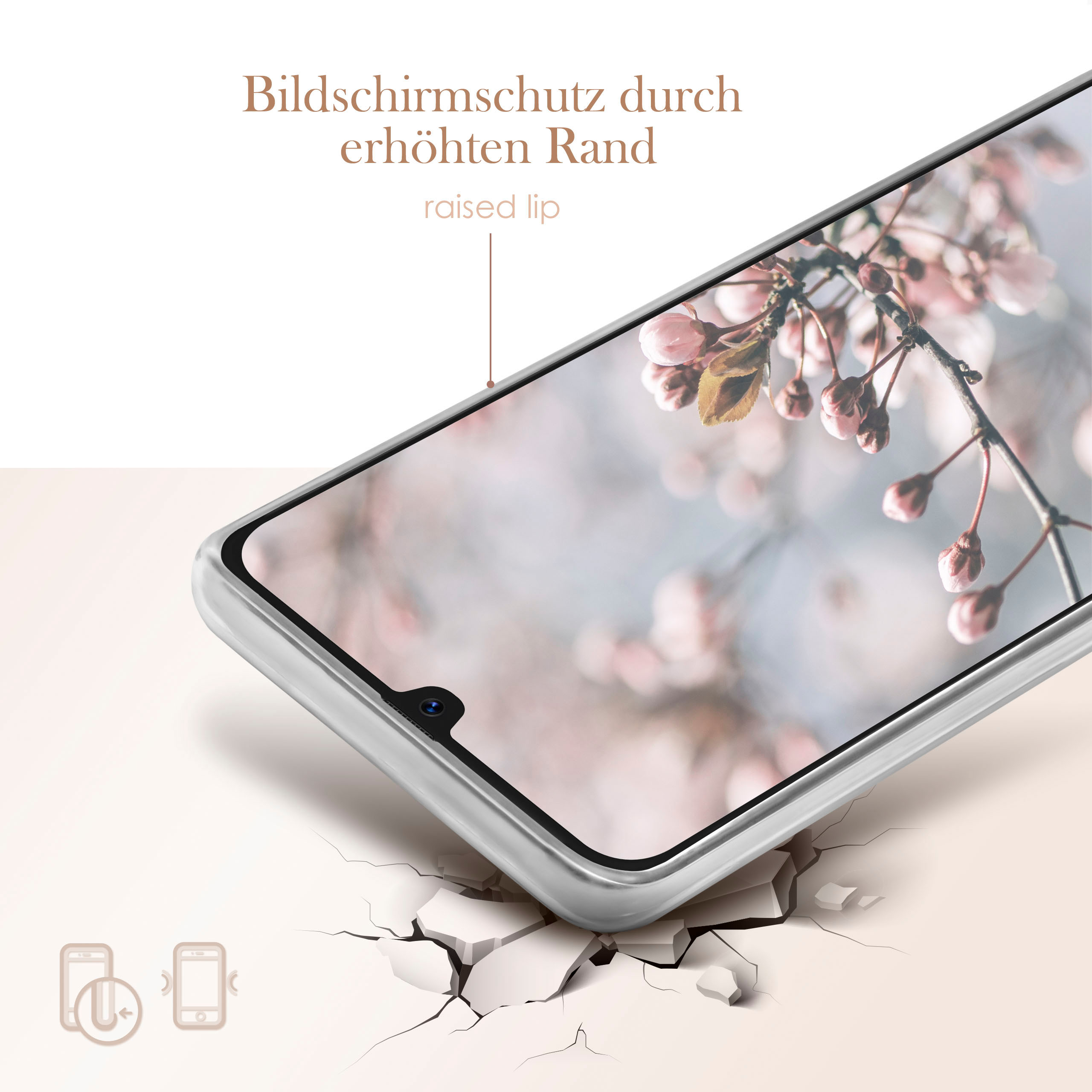 Handyhülle mit Displayschutz, floraler Hintergrund und Risse.
