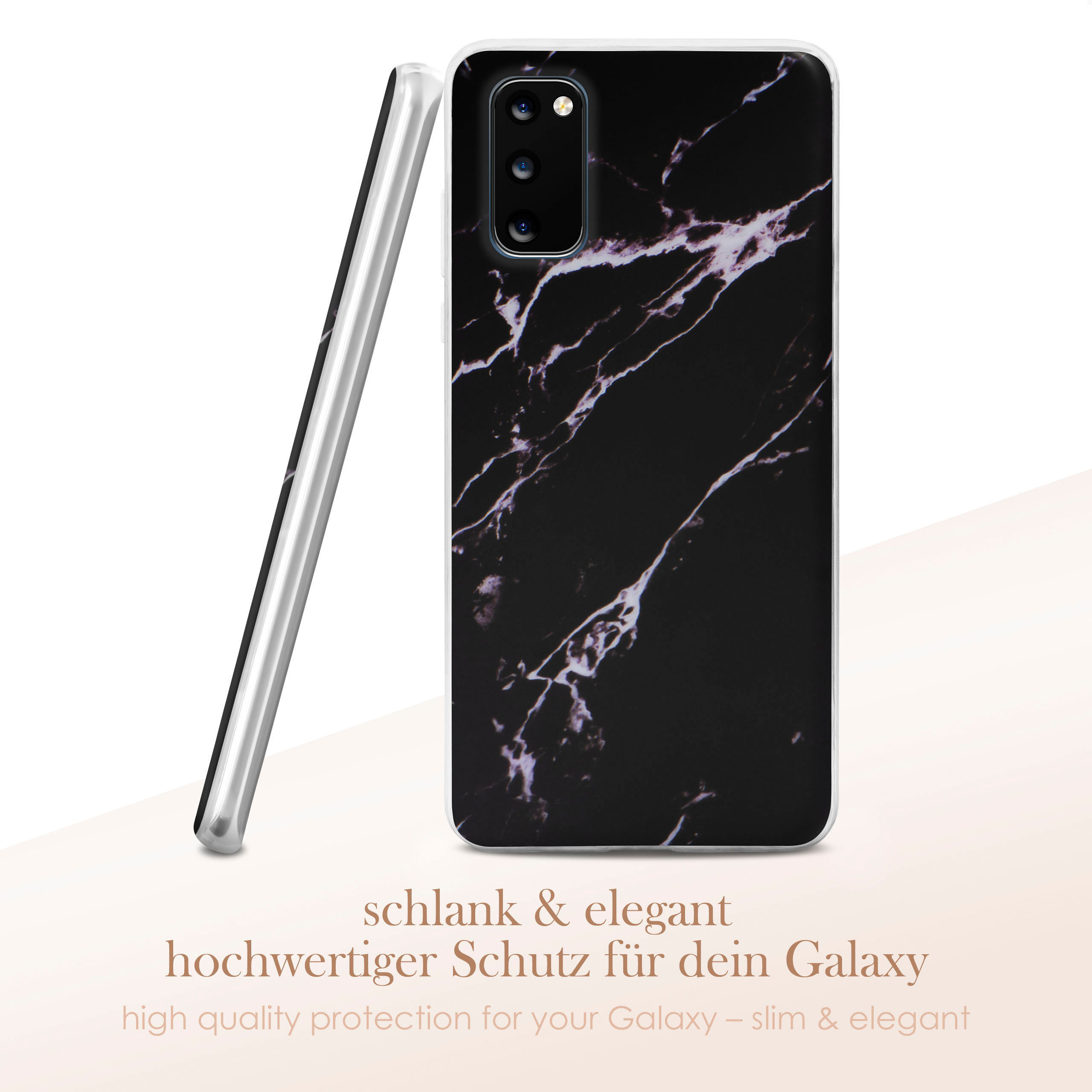 Handyhülle mit schwarzem Marmor-Design, auf weißer Oberfläche liegend.