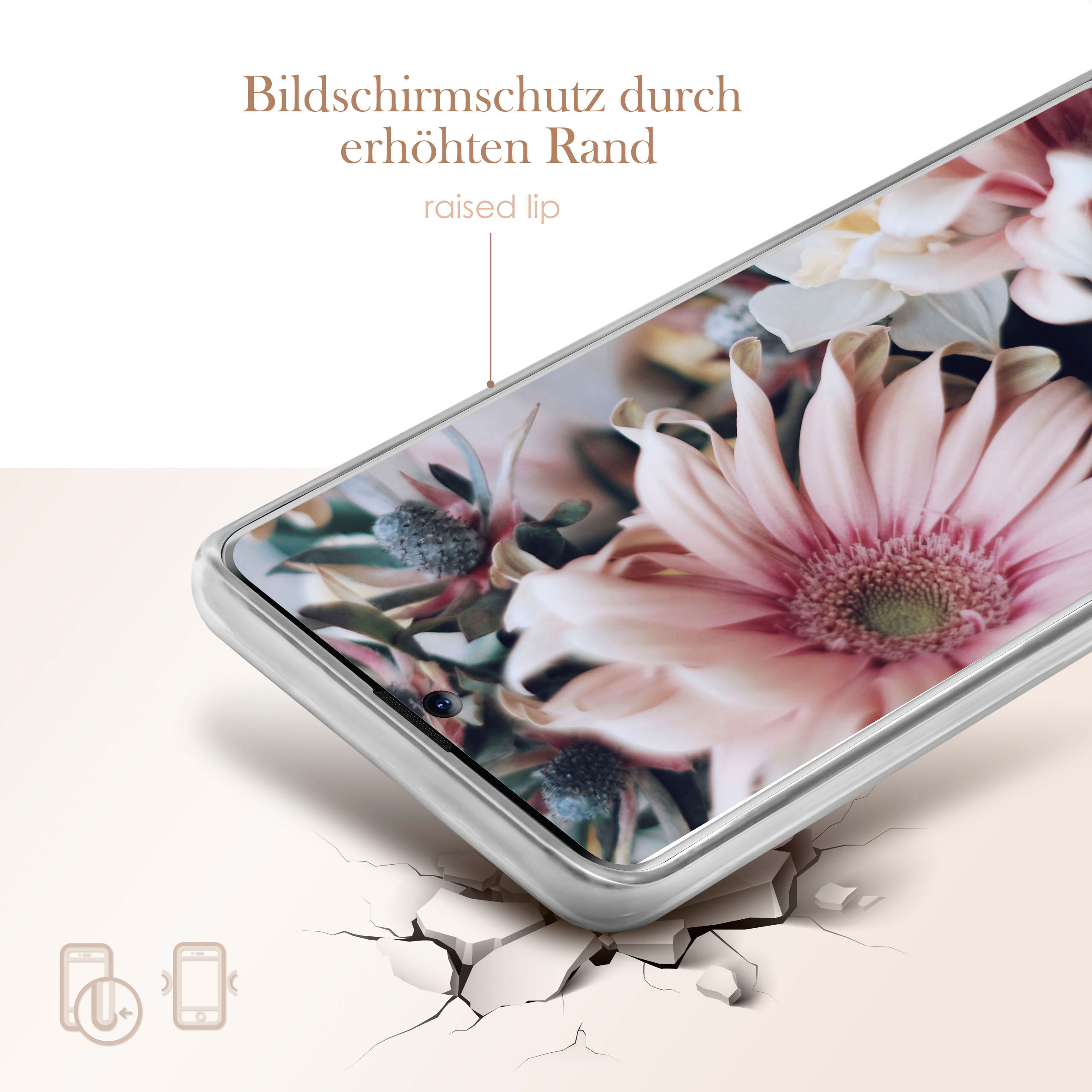 Handyhülle schützt den Bildschirm, floraler Hintergrund. Text sagt 'erhöhter Rand' und 'Bildschirmschutz'.