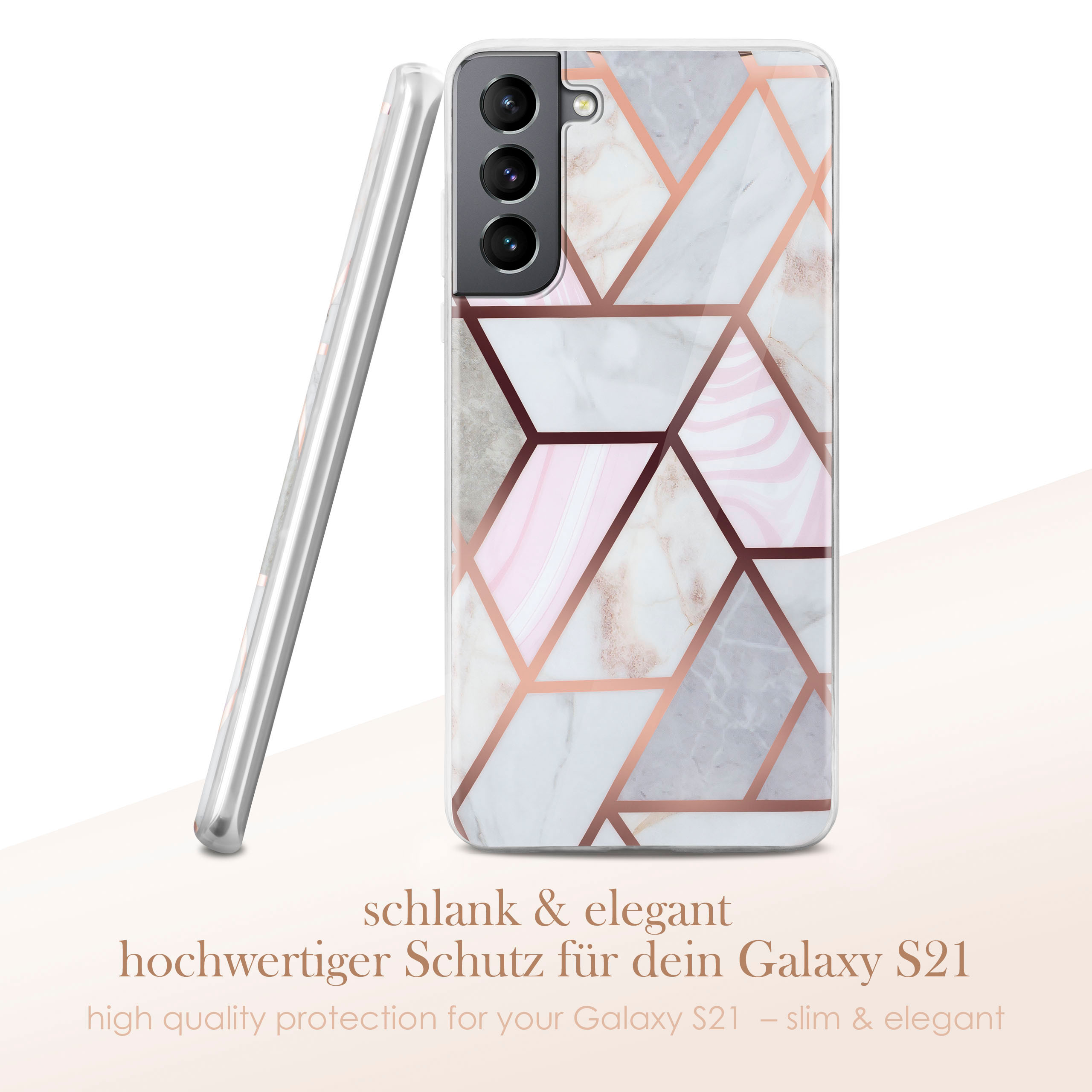 Handyhülle mit geometrischem Design, mit Rosa-, Weiß- und Kupfertönen.