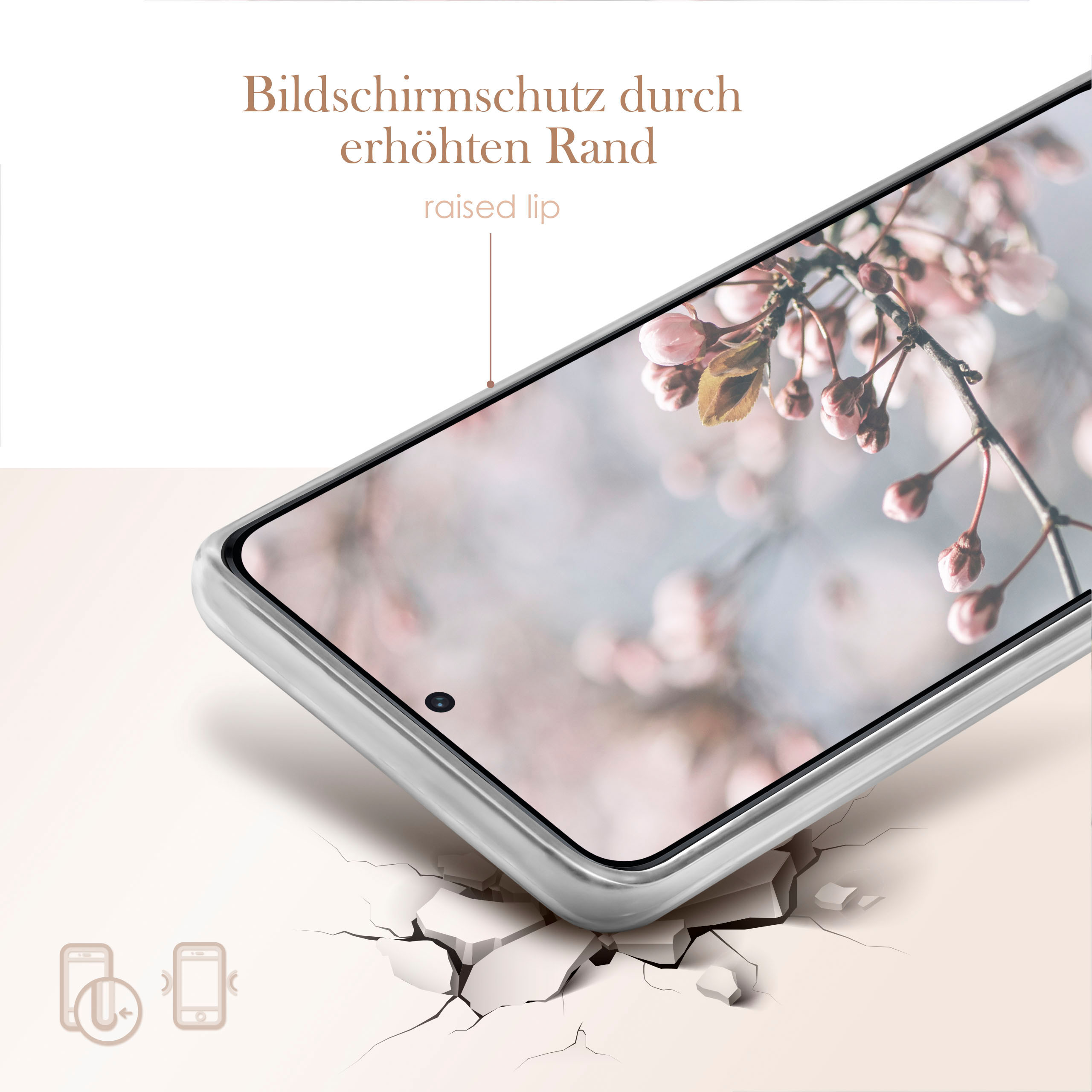 Eine Handyhülle mit erhöhtem Rand, der den Bildschirm schützt, mit Kirschblüten.