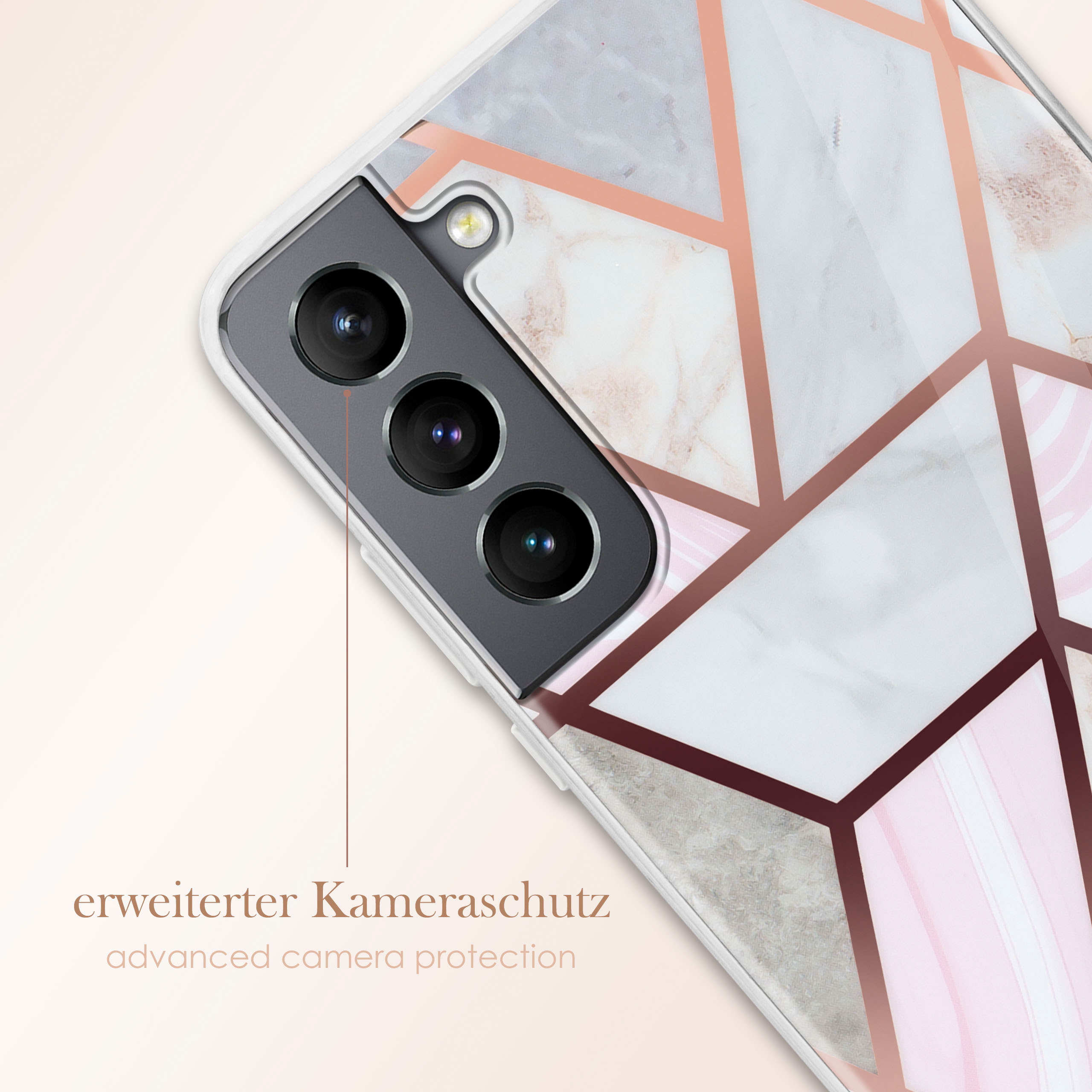 Nahaufnahme einer weißen Handyhülle mit Marmor- und Roségold-Design, Kamera sichtbar.