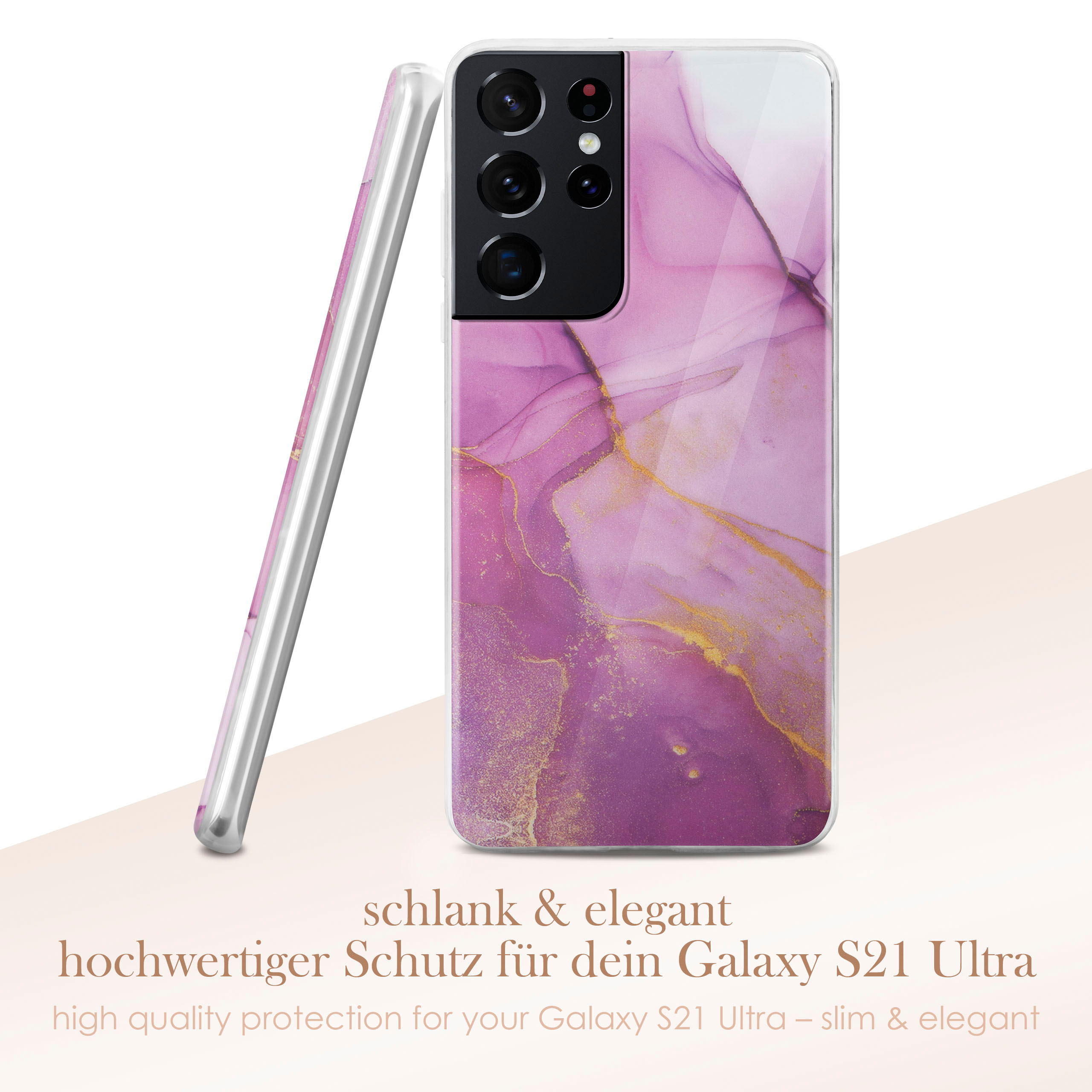 Handyhülle, rosa und goldenes Design. Telefon steht aufrecht.