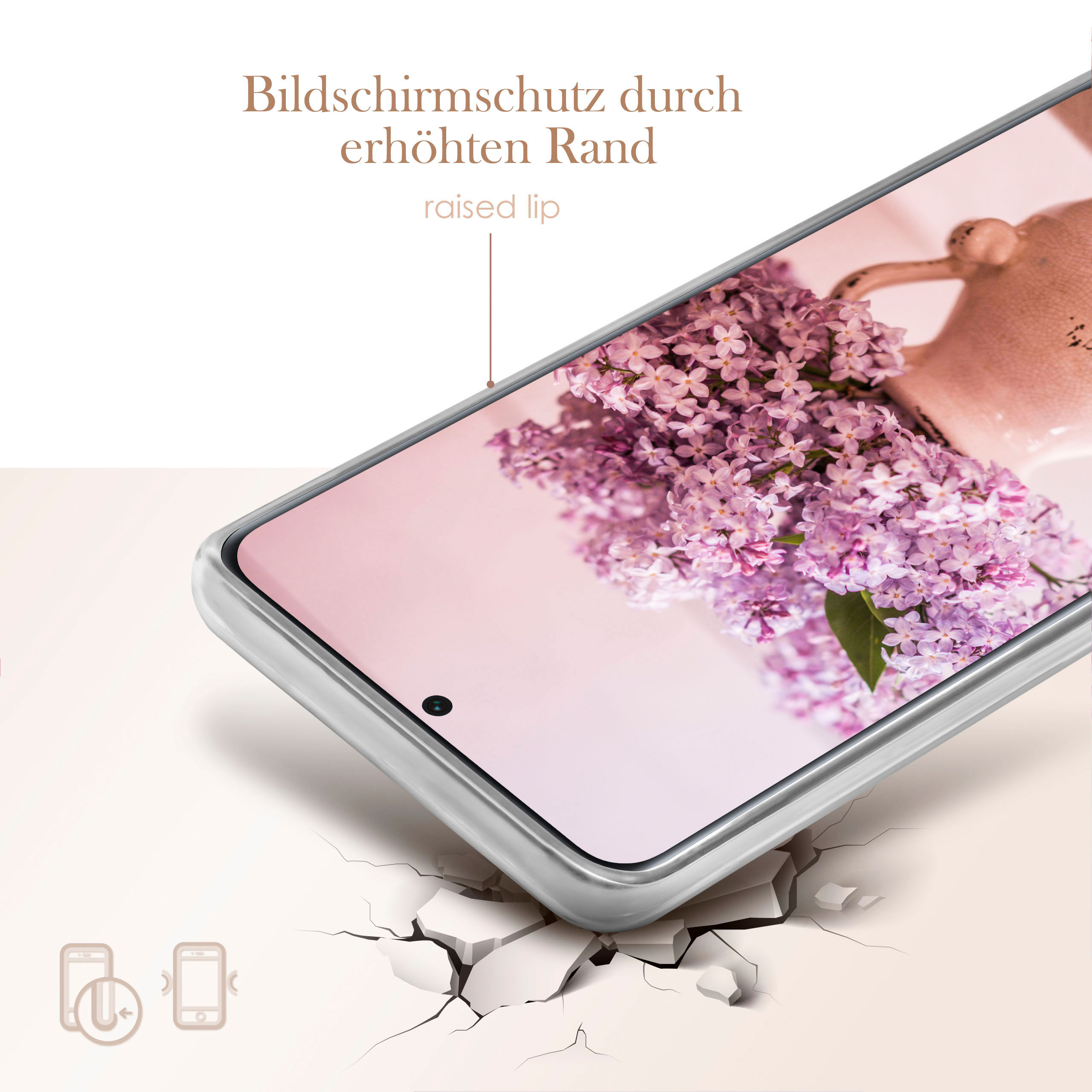 Eine Handyhülle mit einem rosa Blumendesign. Das Telefon ist nach oben abgewinkelt, darunter zerbrochener Boden.