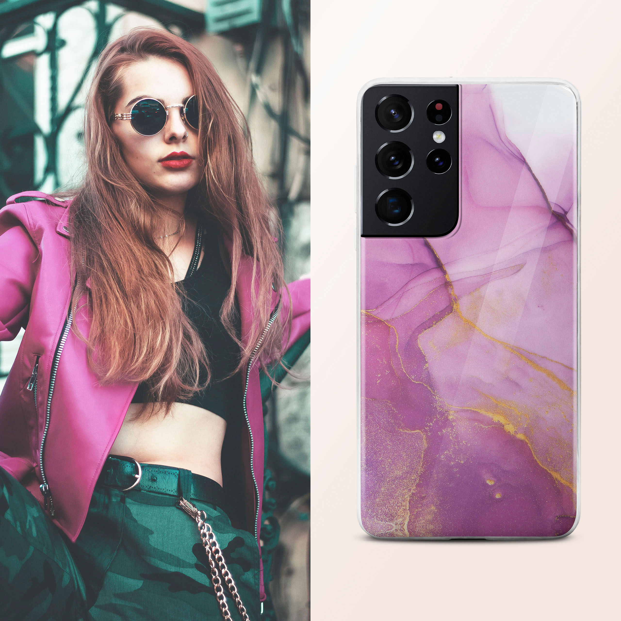 Frau in pinker Jacke hält Telefon mit Handyhülle. Die Hülle hat ein pinkes und goldenes Design.