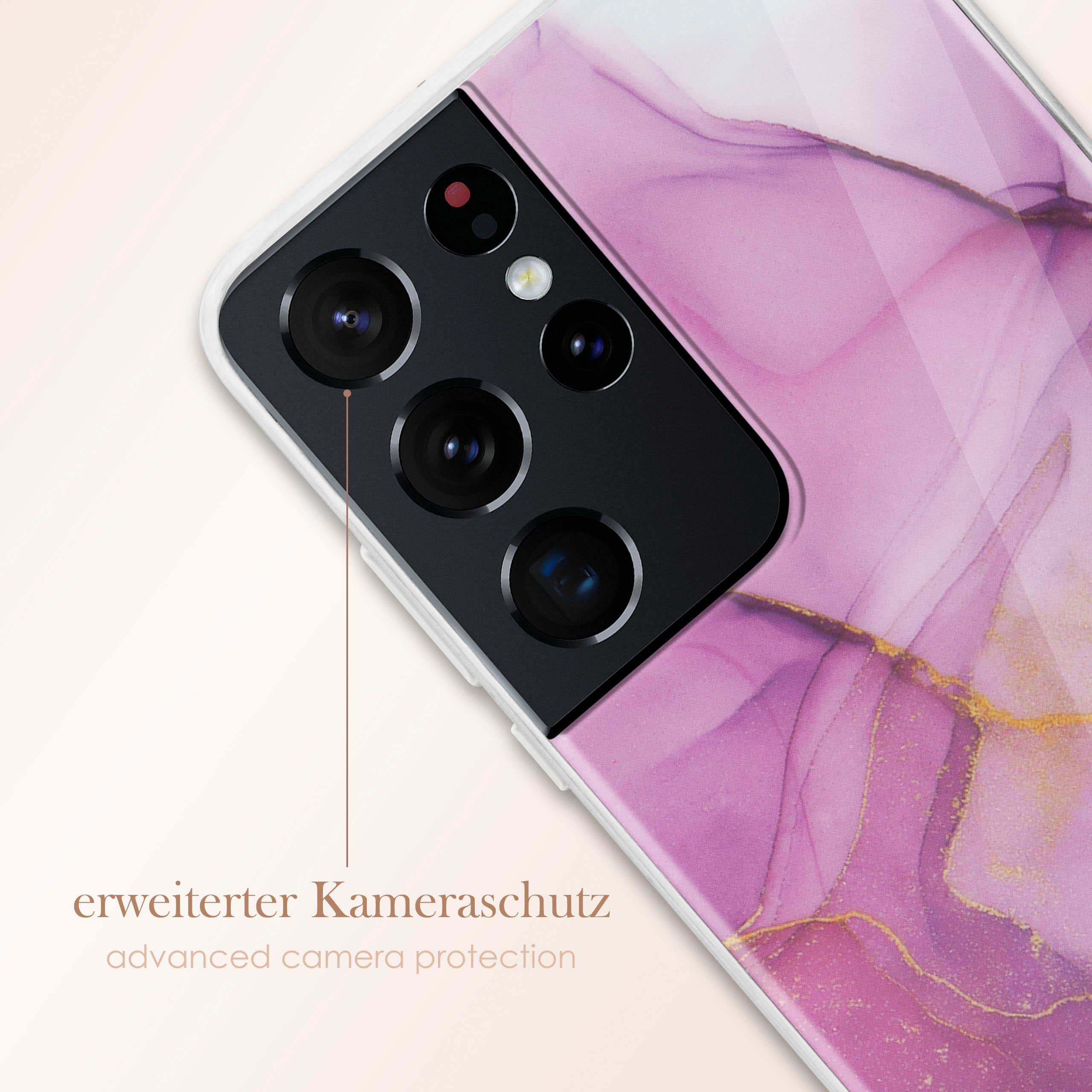 Nahaufnahme einer Handyhülle mit einem rosa Marmordesign um die Kamera herum.