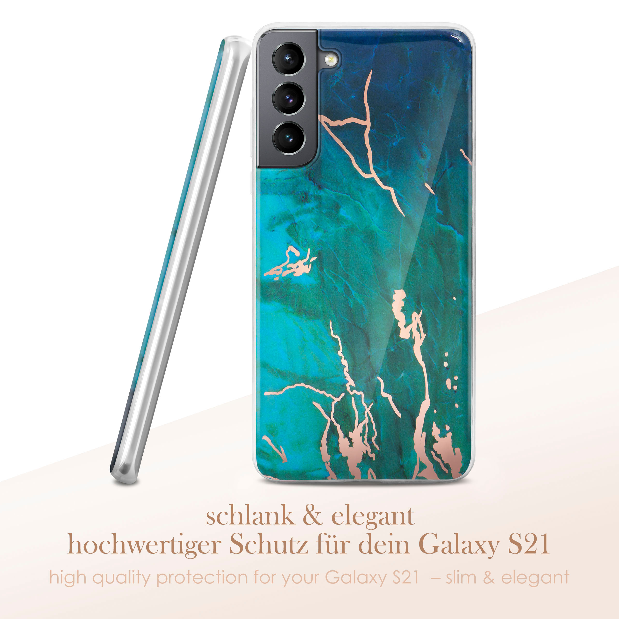 Handyhülle für Samsung Galaxy S21. Blaues und goldenes Marmor-Design. Schlank und elegant.