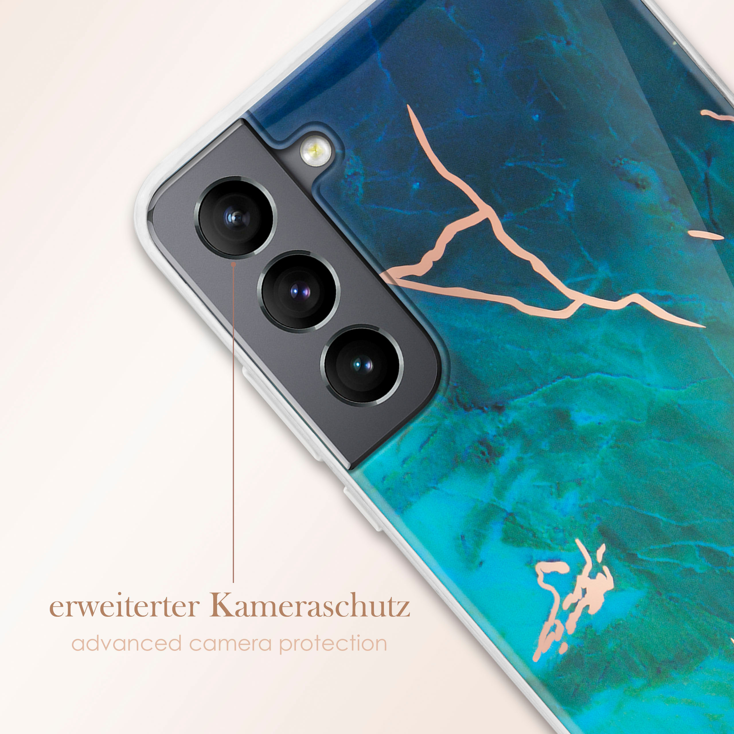 Handyhülle mit teal und Marmordesign, die fortschrittliche Kameraschutzfunktionen zeigt.