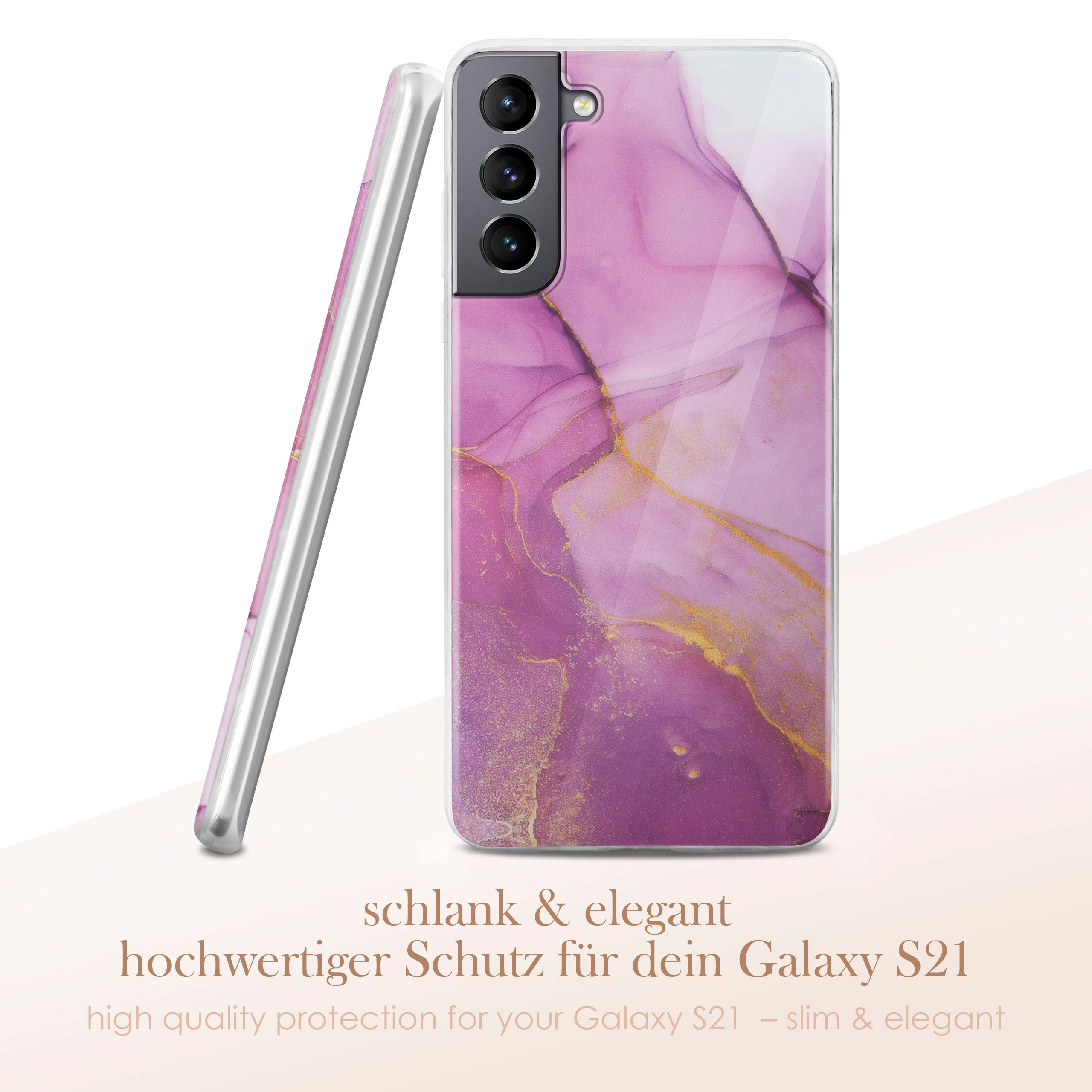Handyhülle mit rosa Marmordesign. Text: Hochwertiger Schutz für Ihr Galaxy S21 - schlank & elegant.