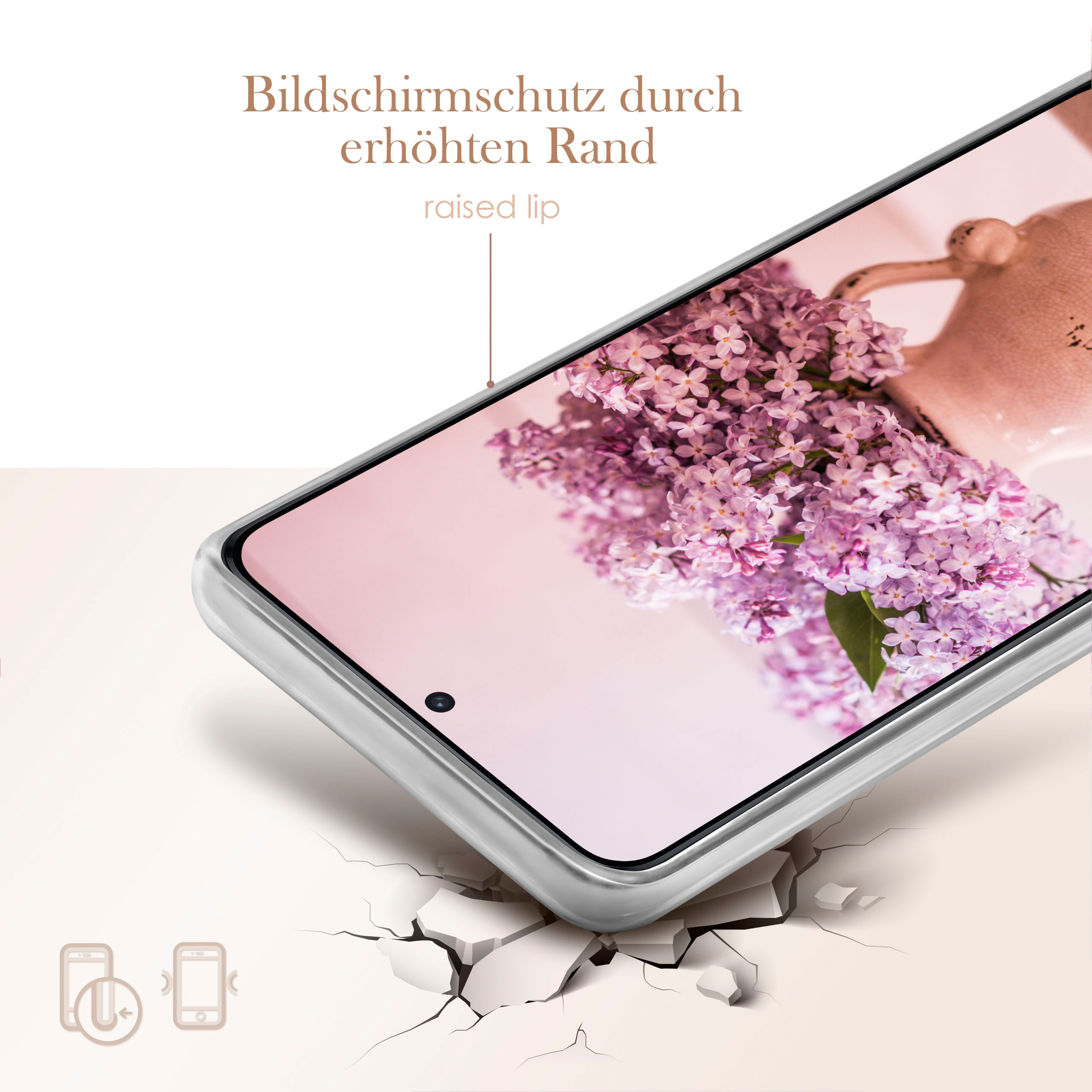 Smartphone mit floraler Hülle, erhöhte Lippe für Bildschirmschutz, mit gerissener Oberfläche unten.