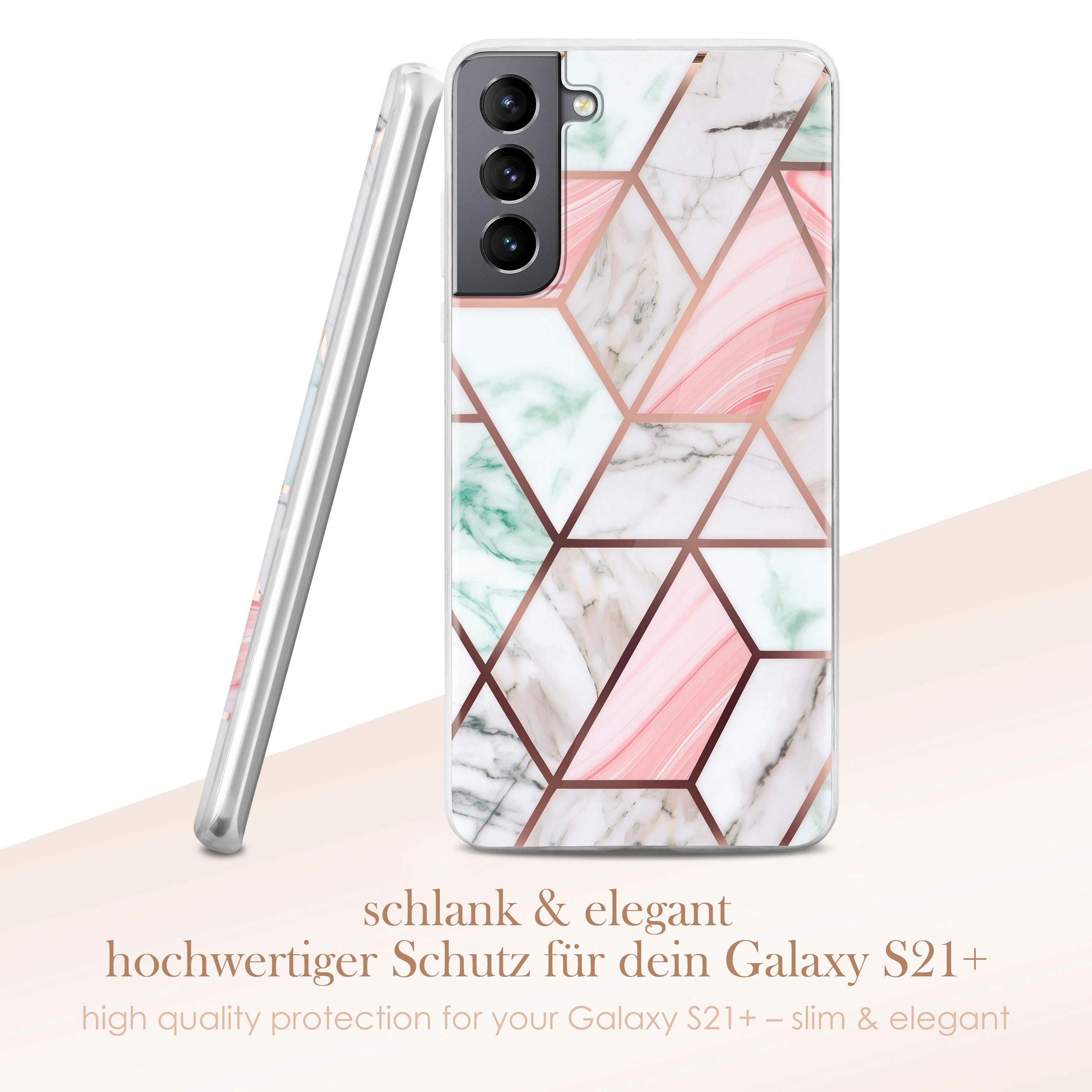 Handyhülle, Marmor- und Gold-Design. Telefon steht aufrecht.