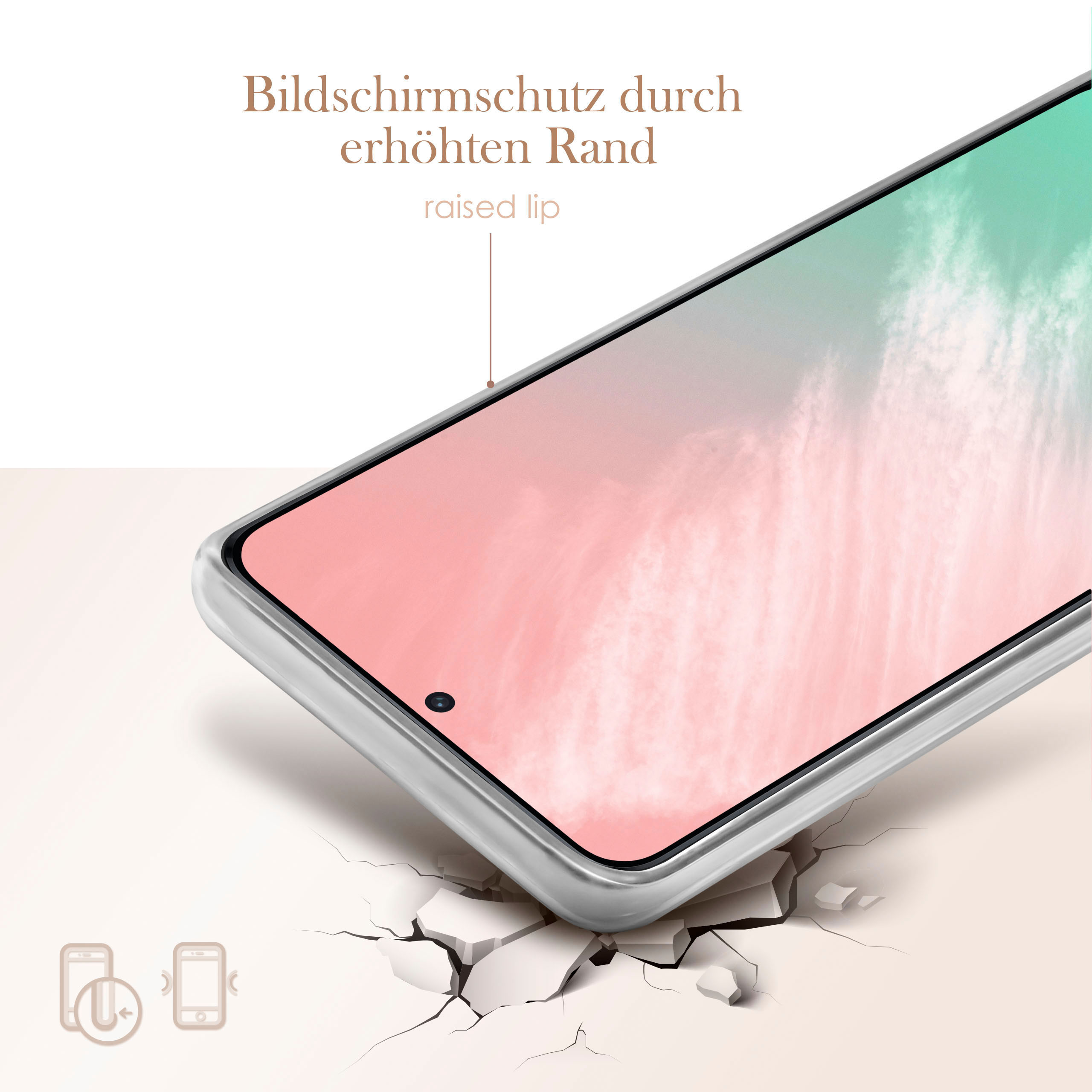 Telefon, das ein Bild anzeigt, umgeben von einer durchsichtigen Hülle.