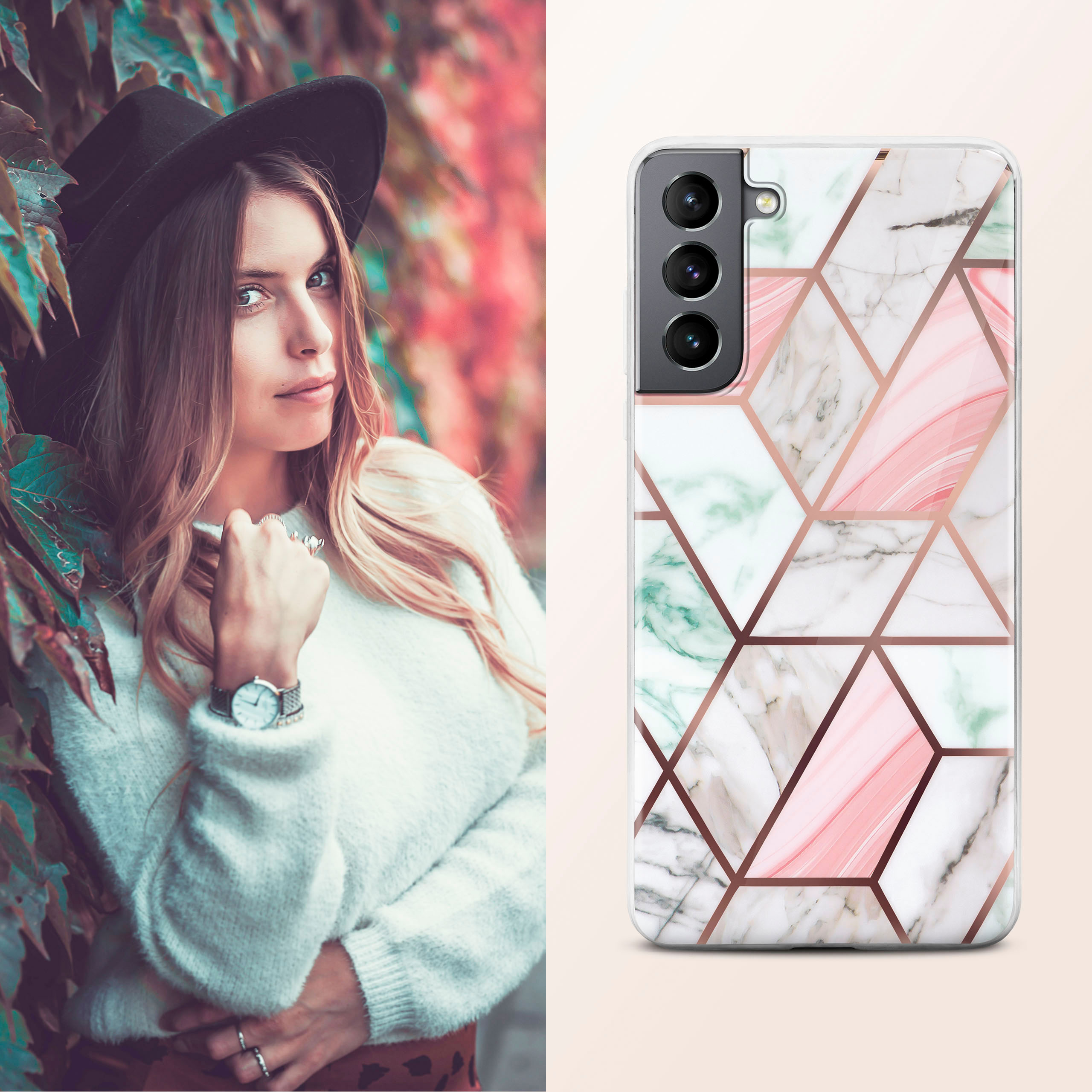 Frau mit Hut neben Efeu. Handyhülle mit geometrischem Marmor-Design rechts.