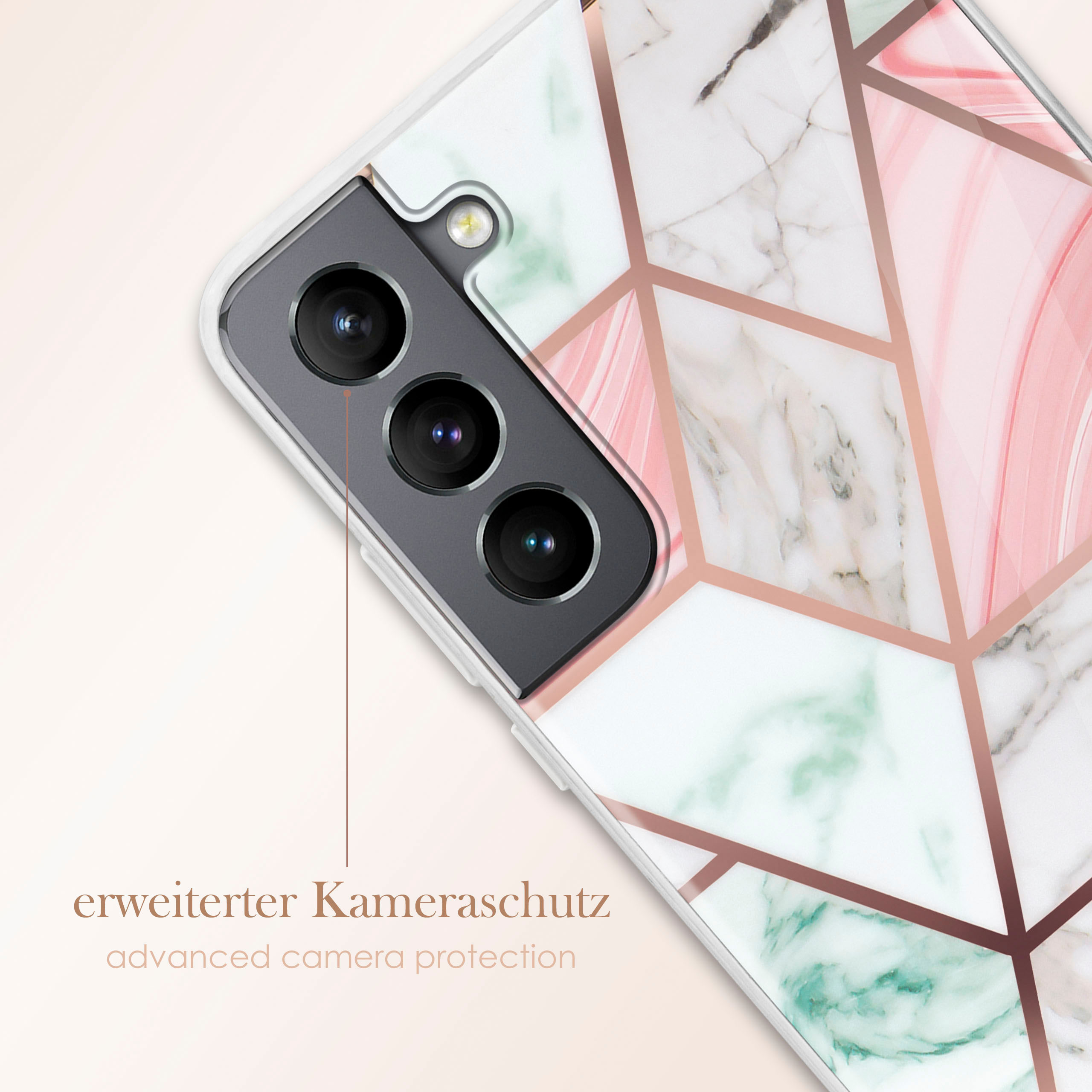 Eine Handyhülle mit Marmordesign und roségoldfarbenem Umriss, die die Kamera schützt.