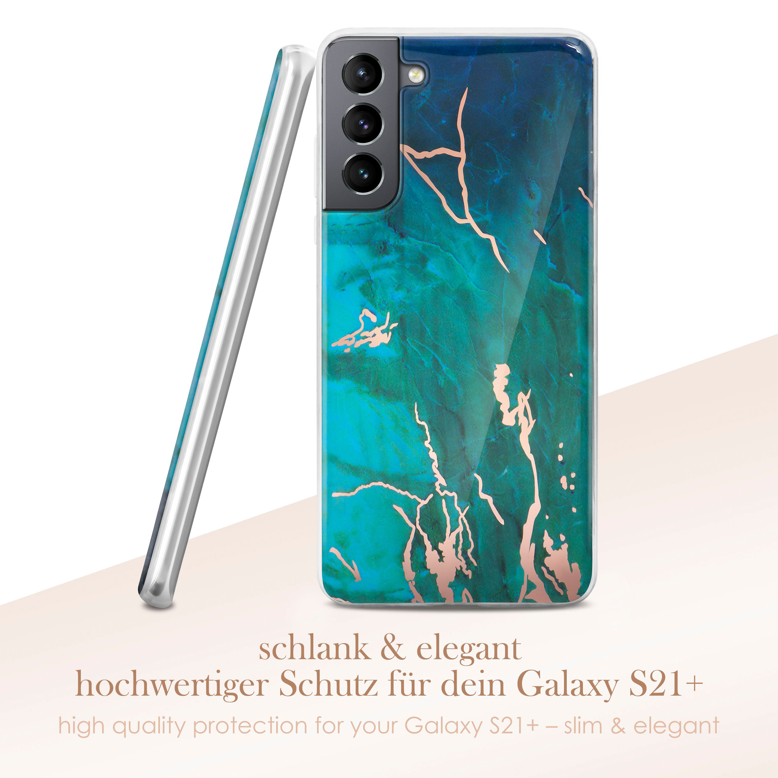 Eine Handyhülle mit Marmordesign, schlank und elegant, für ein Galaxy S21+.