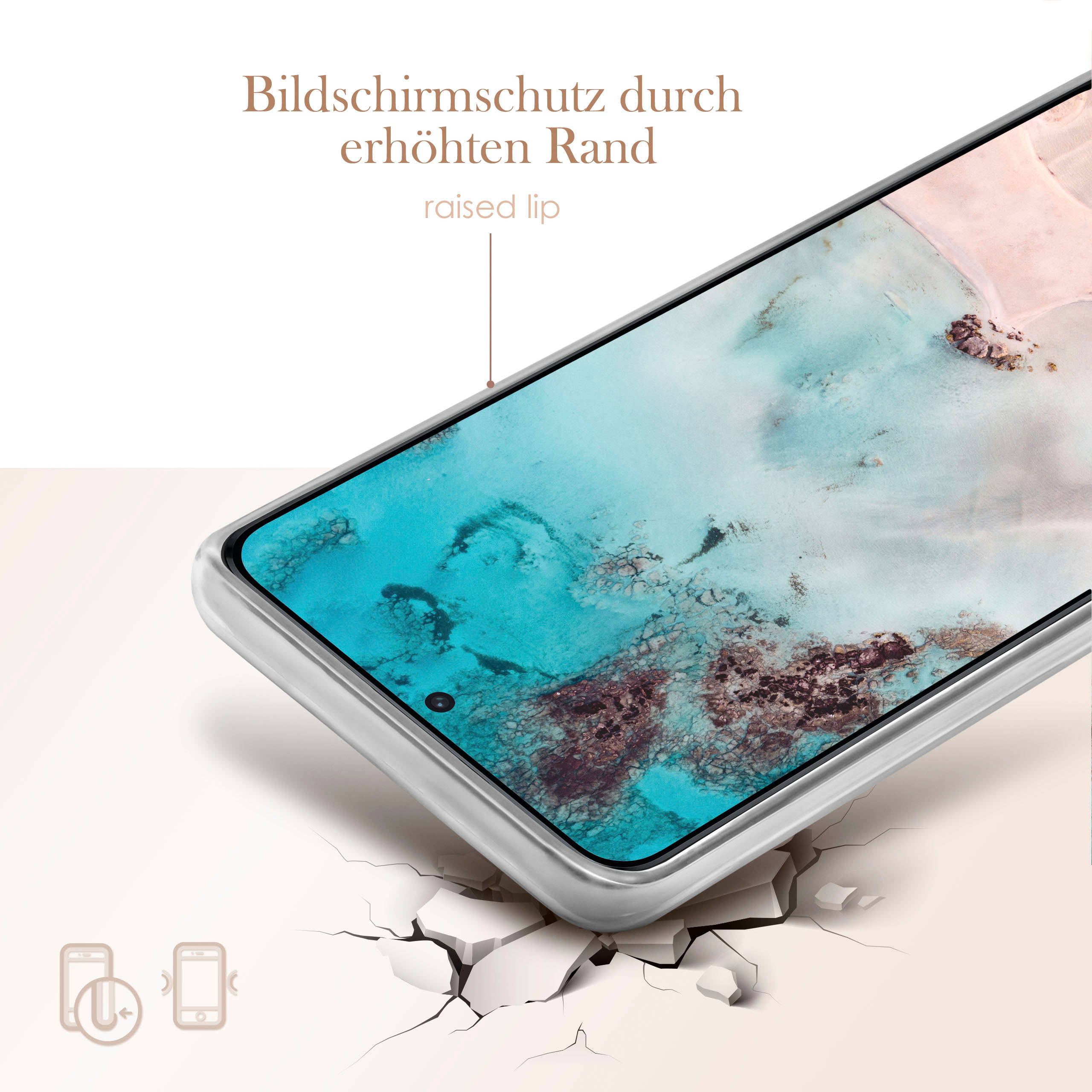 Handy-Displayschutz auf einem Handy, zerbrochener Boden im Vordergrund.