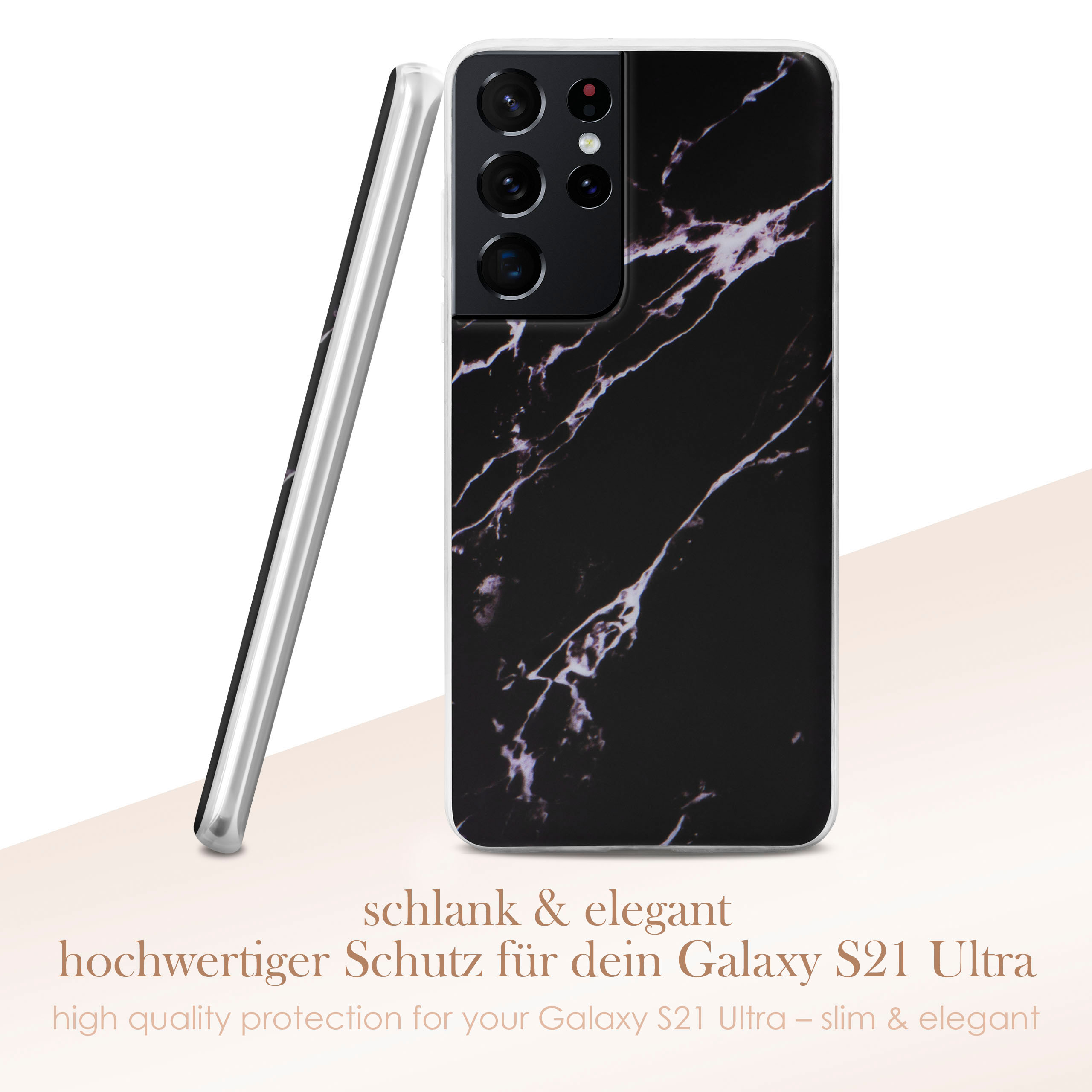 Eine schlanke Handyhülle auf weißem Untergrund, ein Telefon ist darin, die Hülle ist schwarz marmoriert.