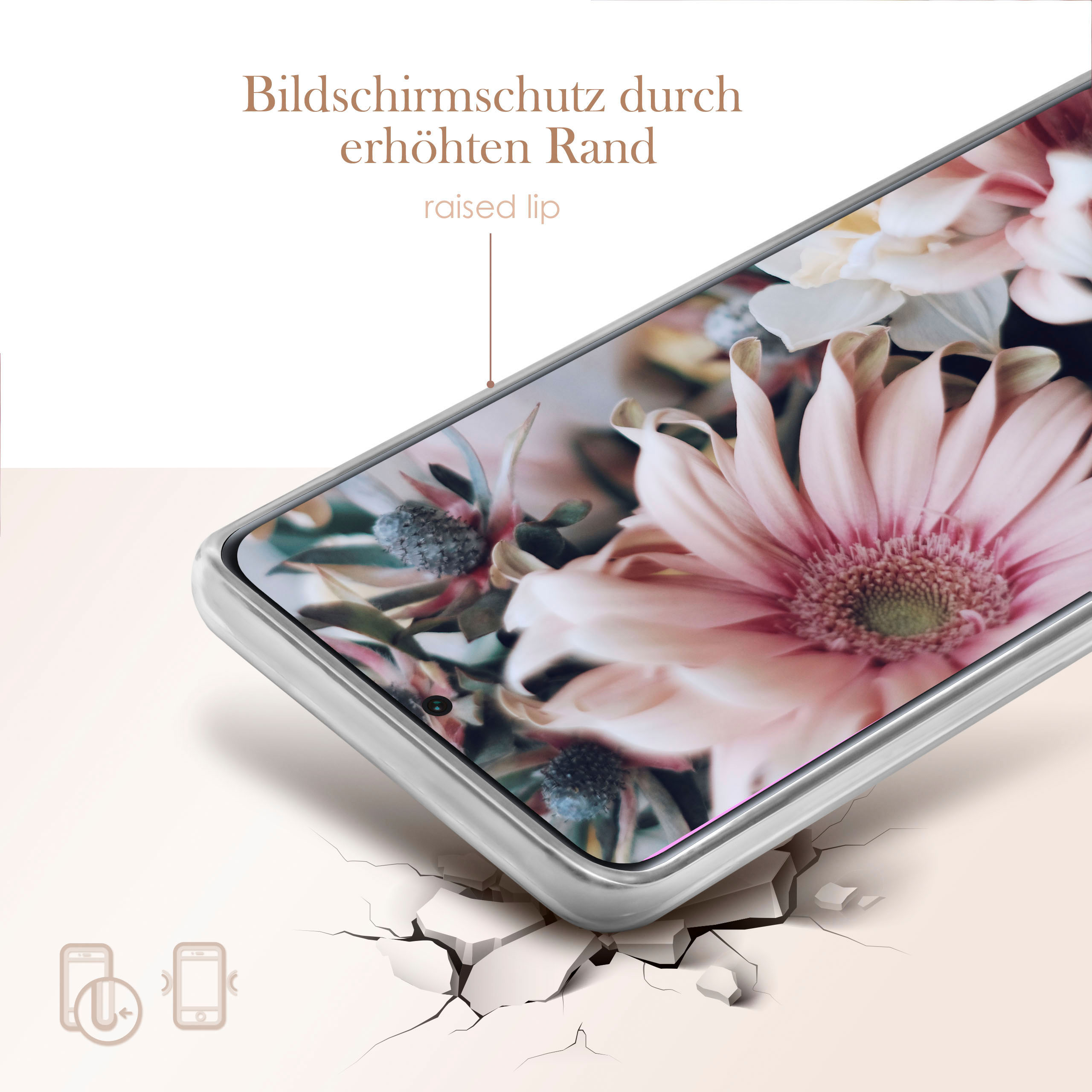 Handyhülle mit Blumen. Text sagt "erhöhter Rand" für den Bildschirmschutz.