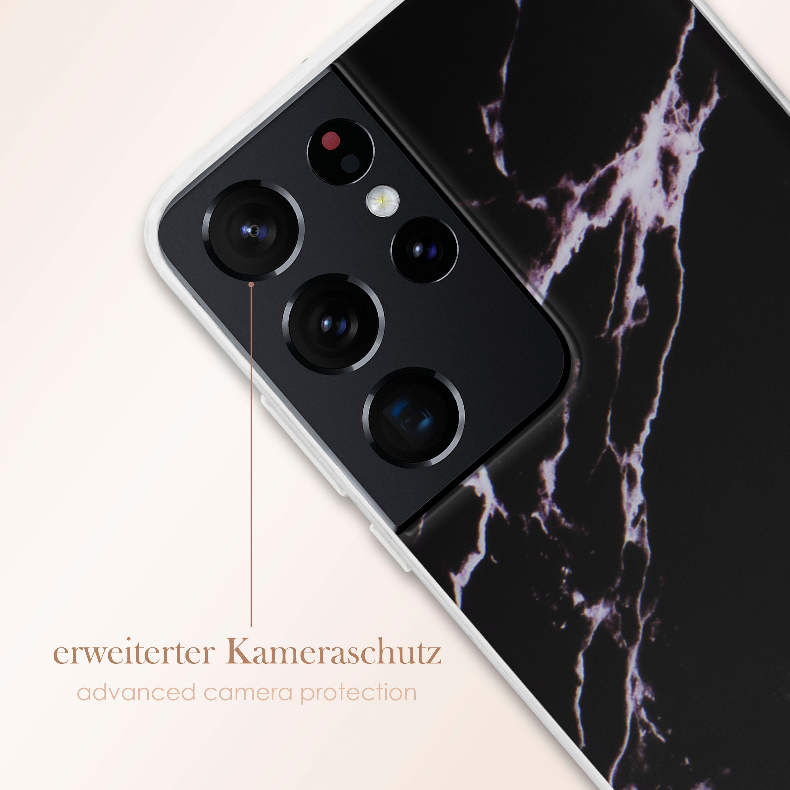 Ein Telefon mit marmoriertem Muster auf der Rückseite. Die Kameralinsen sind sichtbar mit dem Wort Kameraschutz.