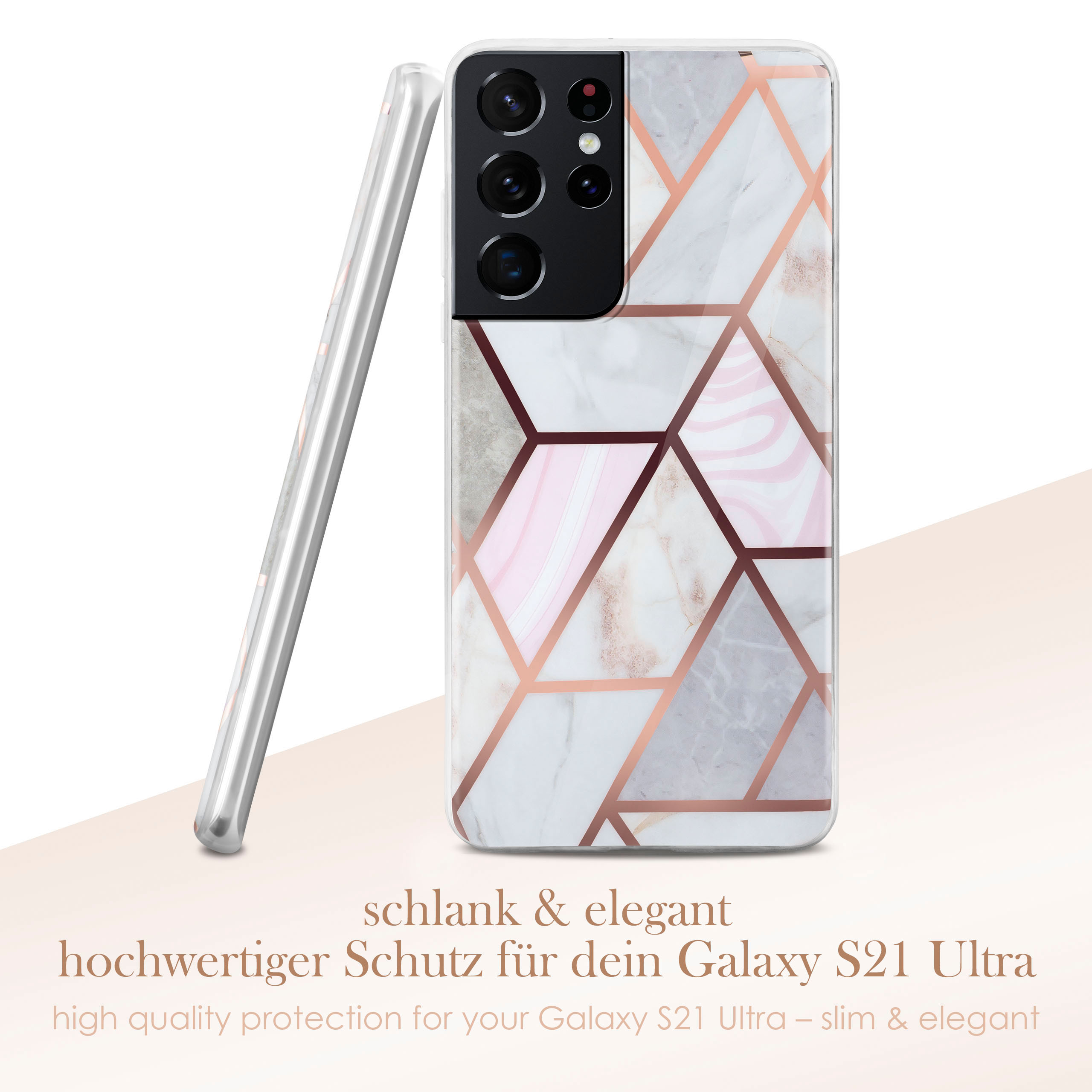 Eine Handyhülle mit geometrischem Marmordesign, platziert auf einer weißen Oberfläche.