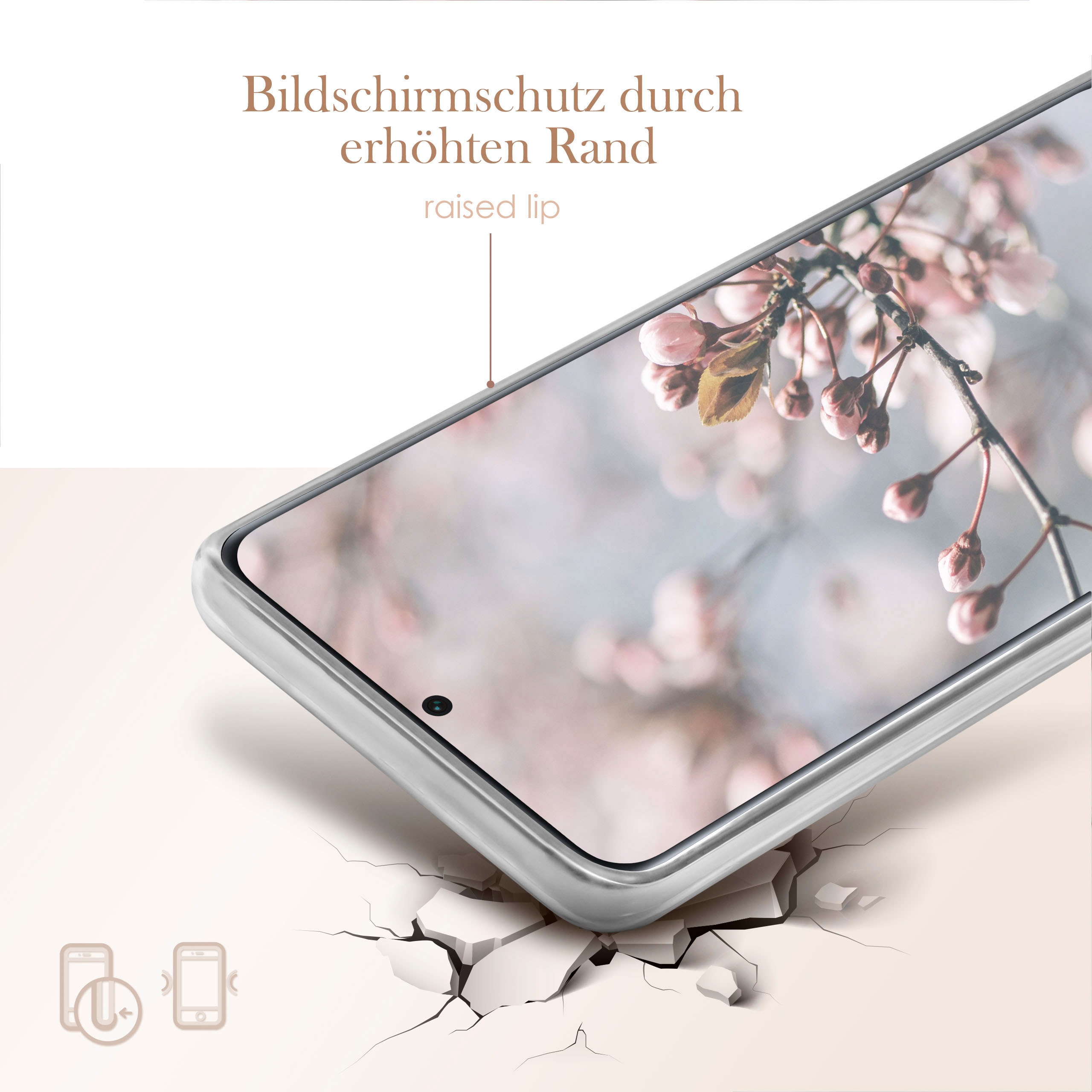 Telefon mit erhöhtem Lippenschutz, der einen floralen Hintergrund zeigt, mit rissiger Oberfläche.