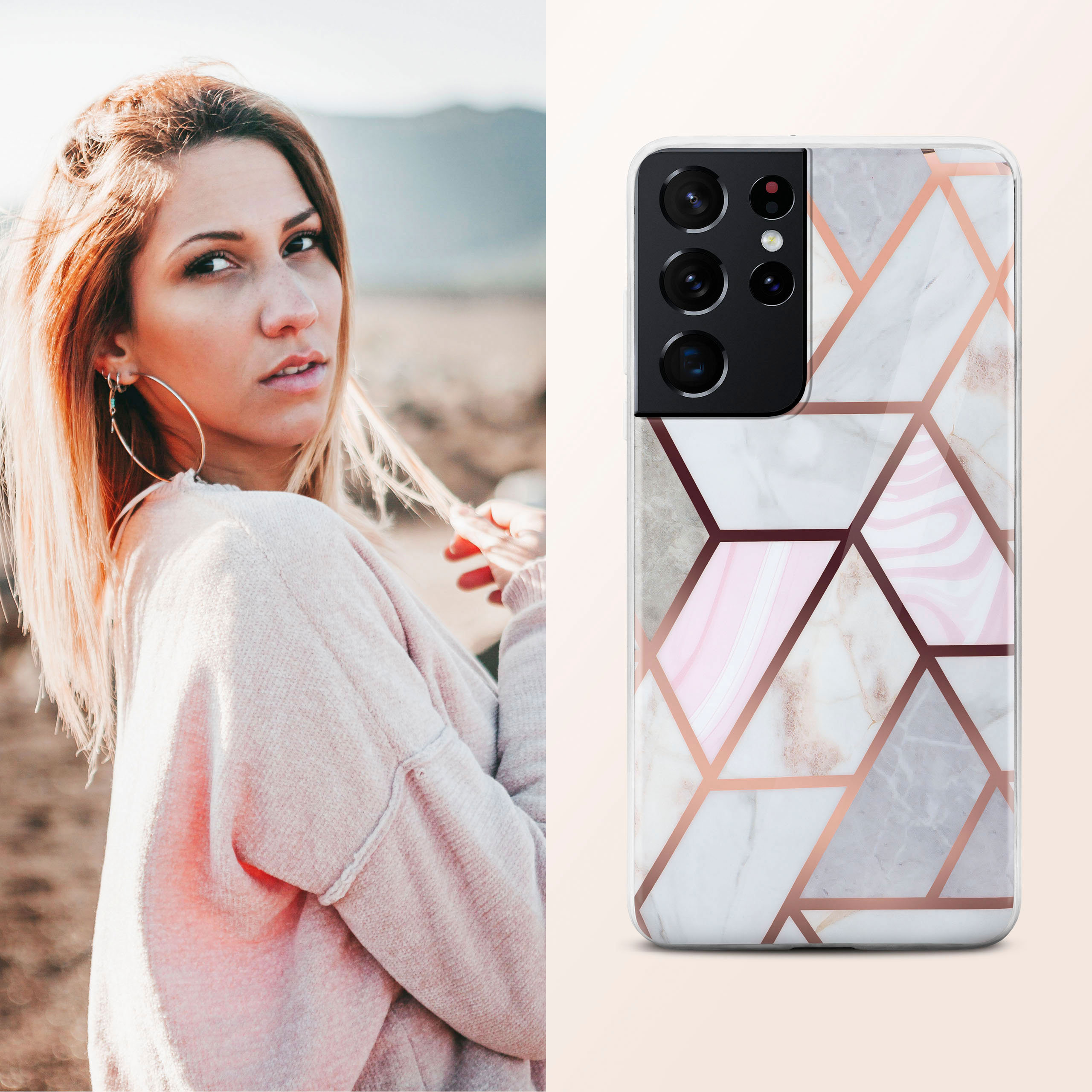 Frau mit roten Haaren, die eine Handyhülle hält. Hülle hat Marmor- und geometrisches Design.