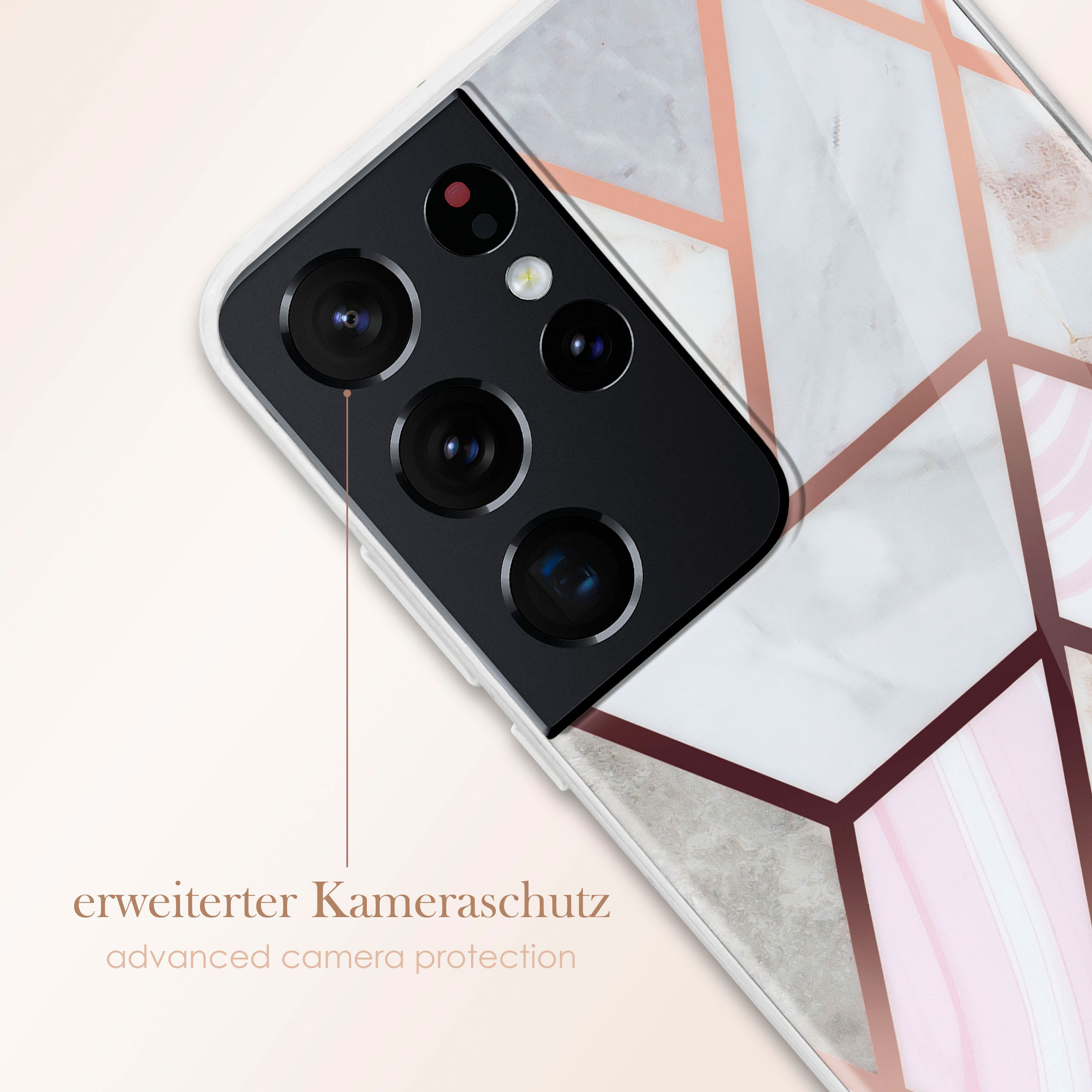 Ein Telefon mit Hülle mit Marmormuster, auf weißem Grund, mit Text für Kameraschutz.