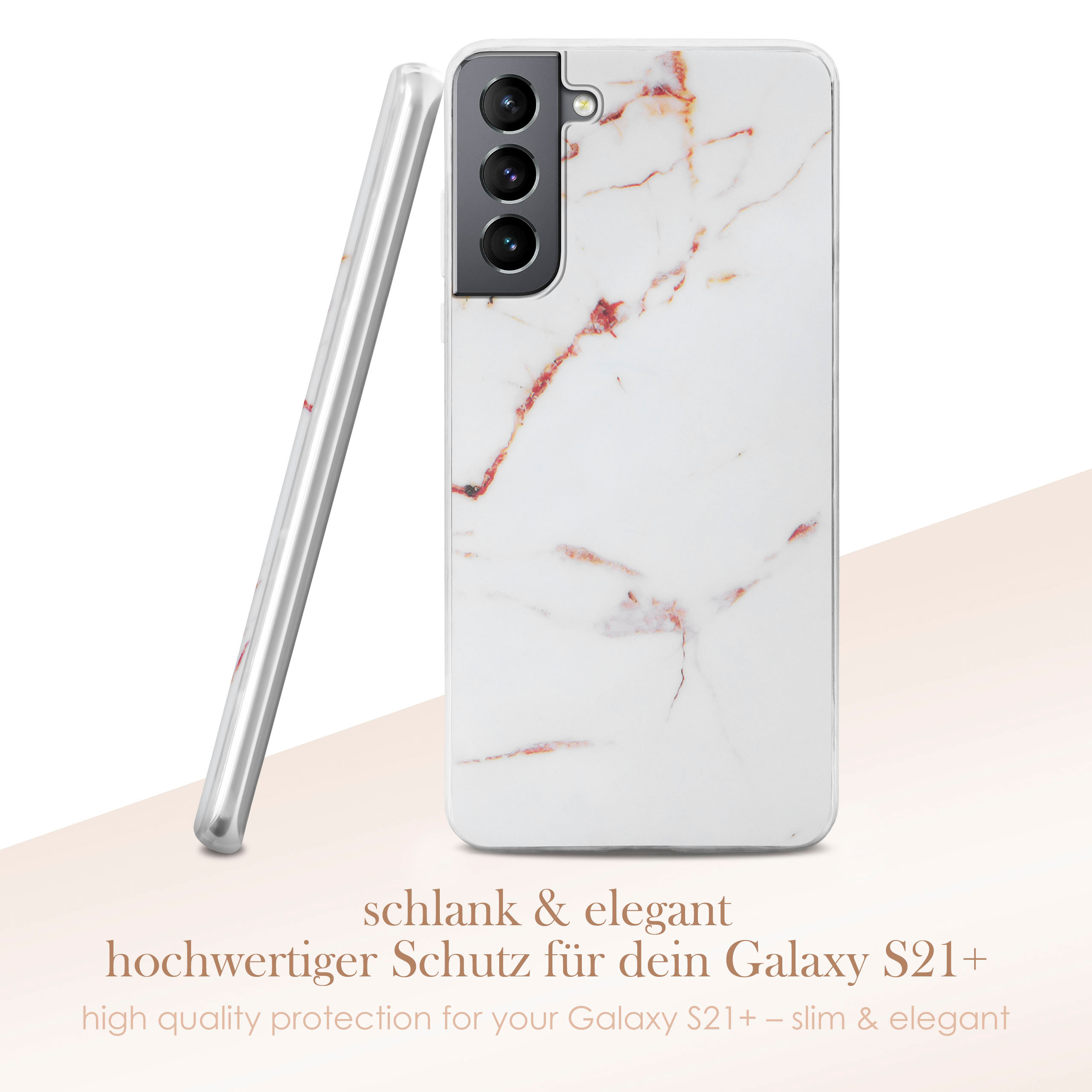 Handyhülle im Marmor-Design, auf der Seite, neben einer anderen, mit Text.