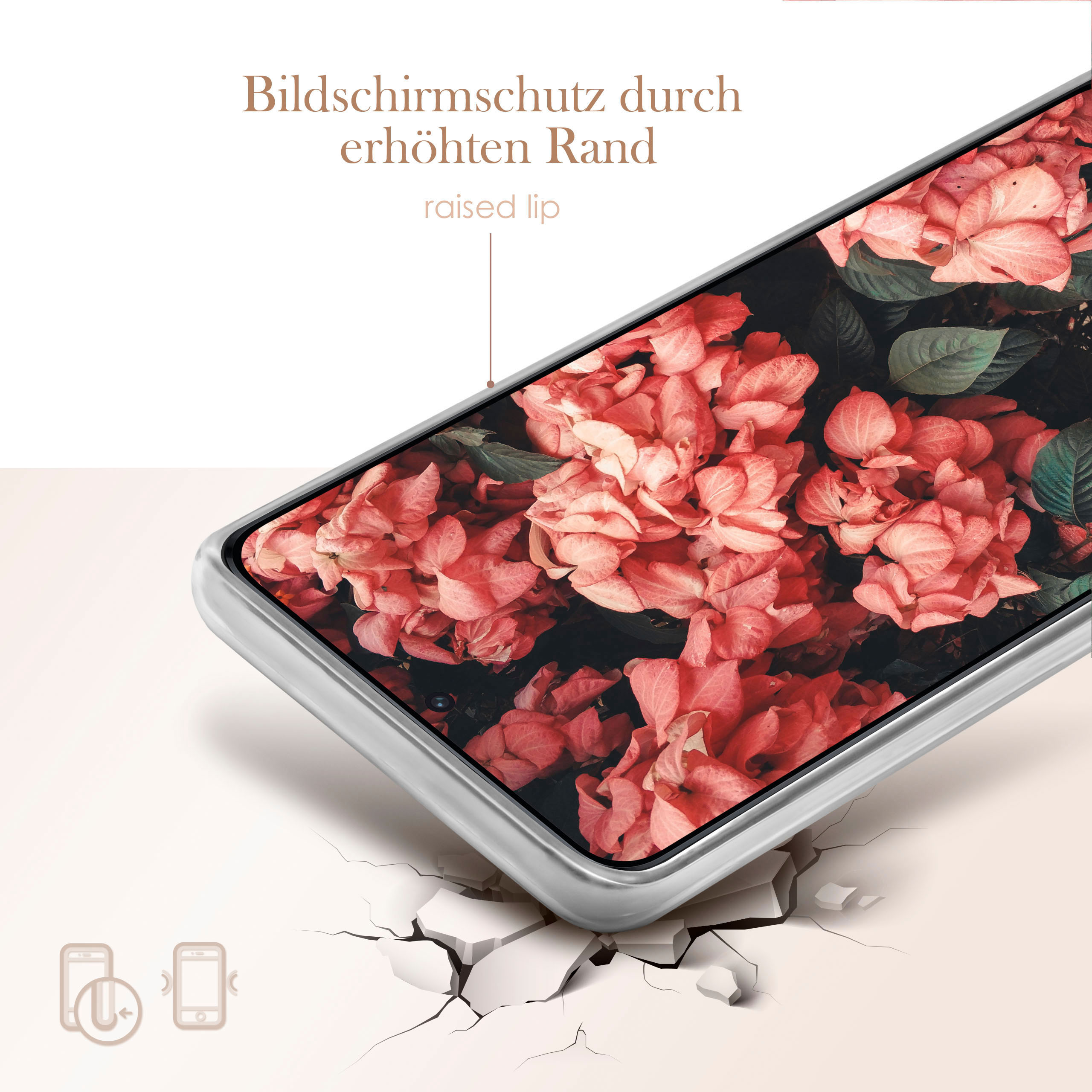 Telefon mit Displayschutz, zeigt rosa Blumen. Text: Bildschirmschutz durch erhöhten Rand.