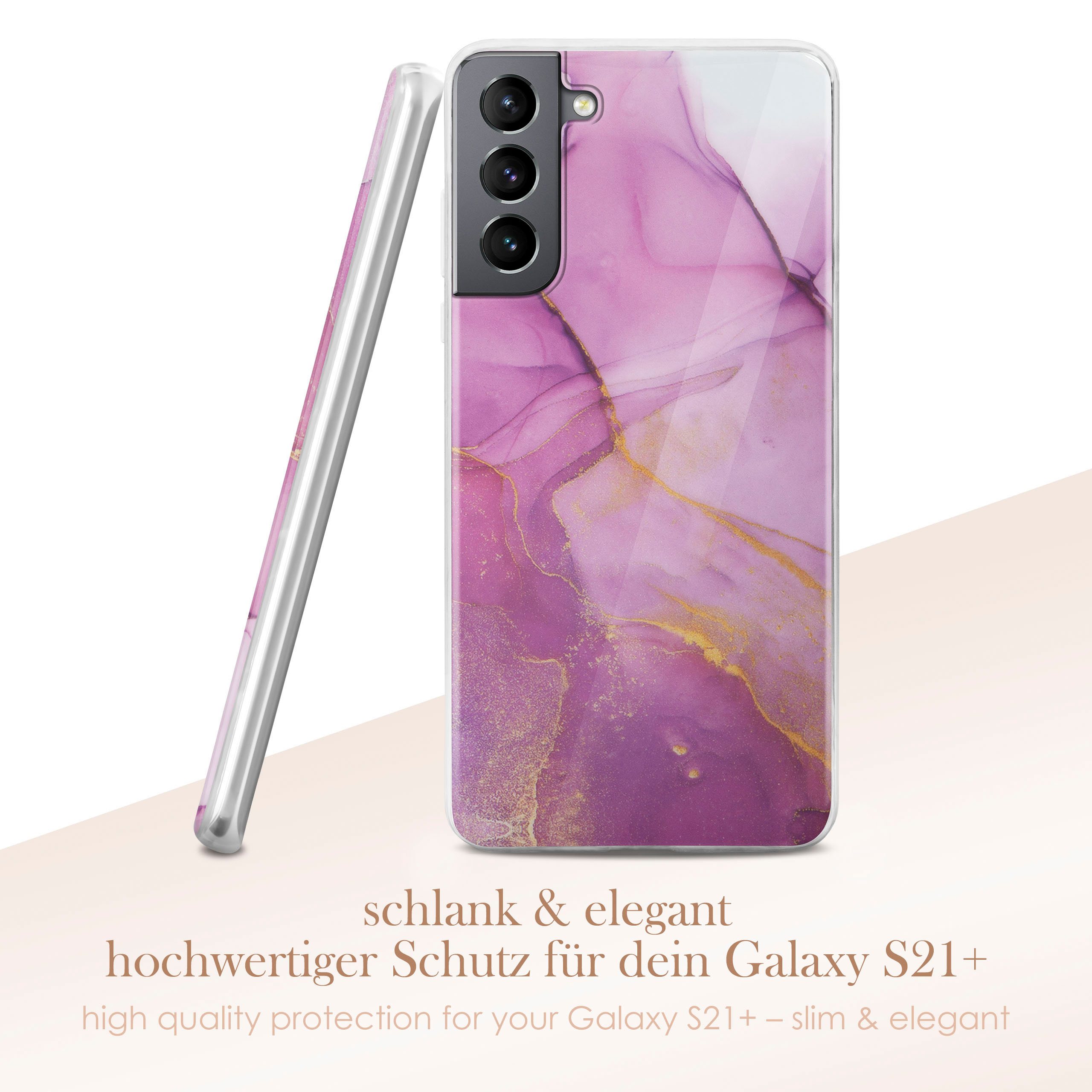 Pinkfarbene Marmor-Handyhülle mit einem Telefon. Text lautet 'schmal & elegant' und 'hochwertiger Schutz'.