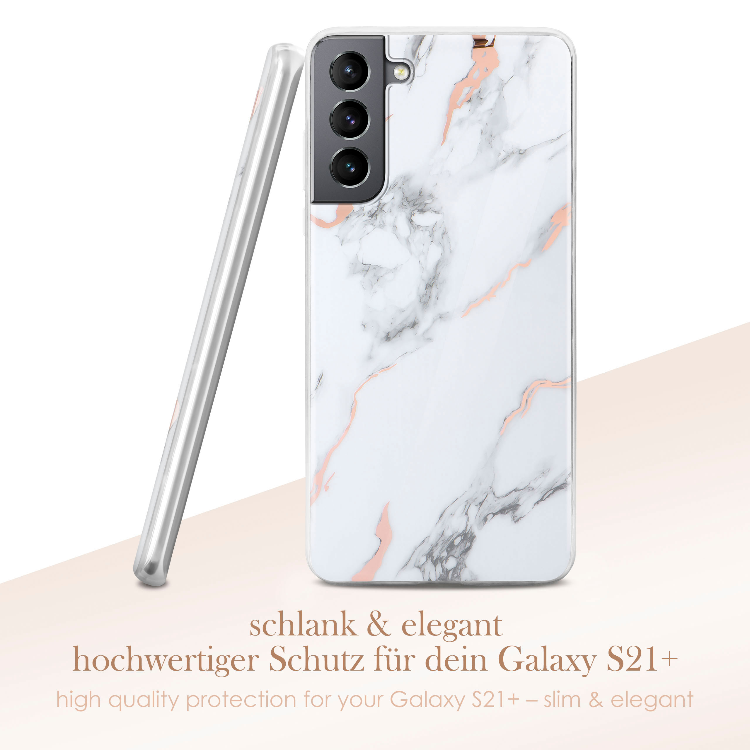 Eine weiße Handyhülle mit Marmor-Design und rosa Akzenten, vor weißem Hintergrund aufgestellt.