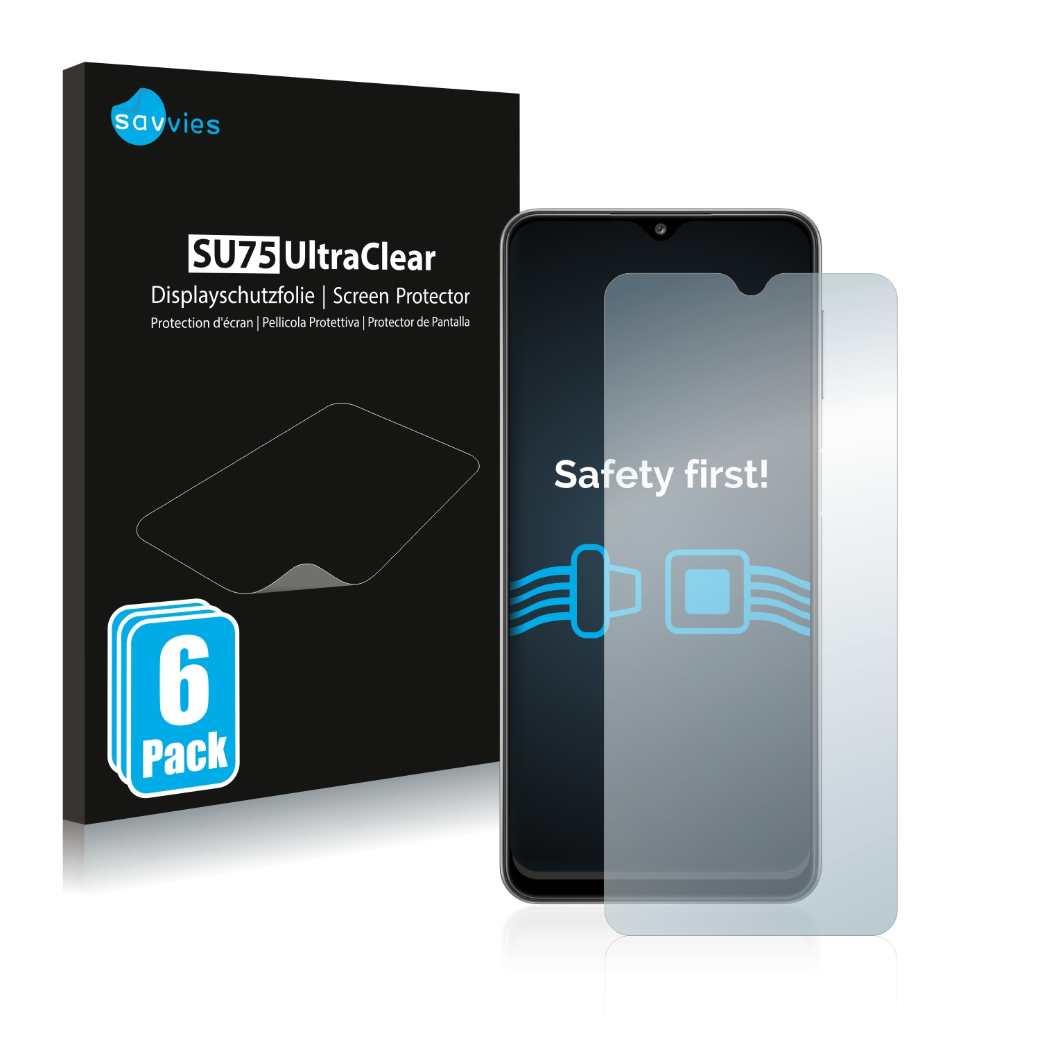 Verpackung für Displayschutzfolie mit Telefonillustration und zwei Schutzfolien. Text auf dem Telefon: Safety first!