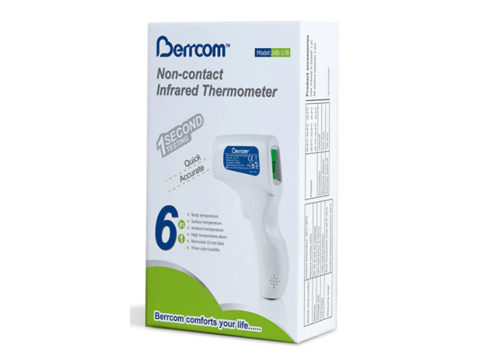 Berührungsloses Infrarot-Thermometer. Weiße und blaue Box mit Gerätebild.